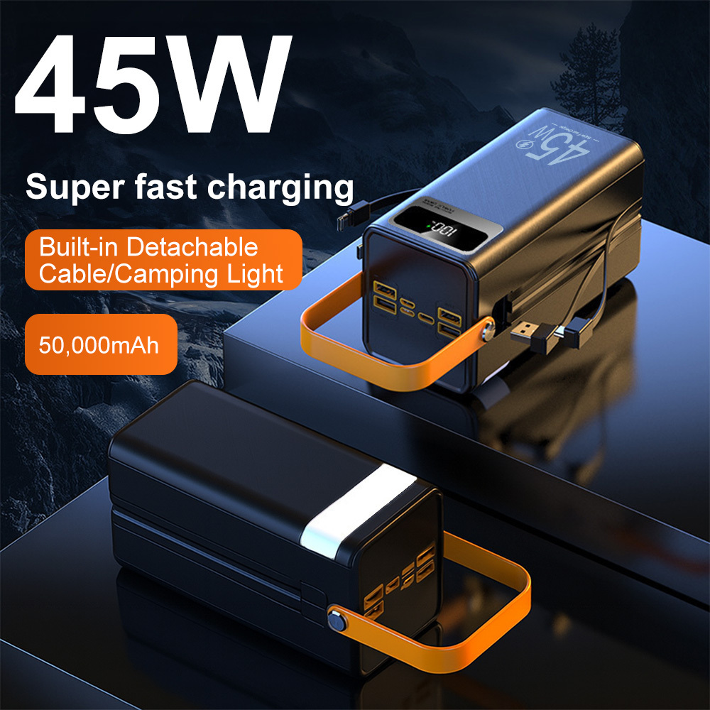 Image of Power Bank 50000mah 45w Super Fast Charging – Portable Powerbank With Built-in Cables, Led Camping Light, Digital Display – Caricatore Portatile For Outdoor, Devices , Safe Polymer Battery