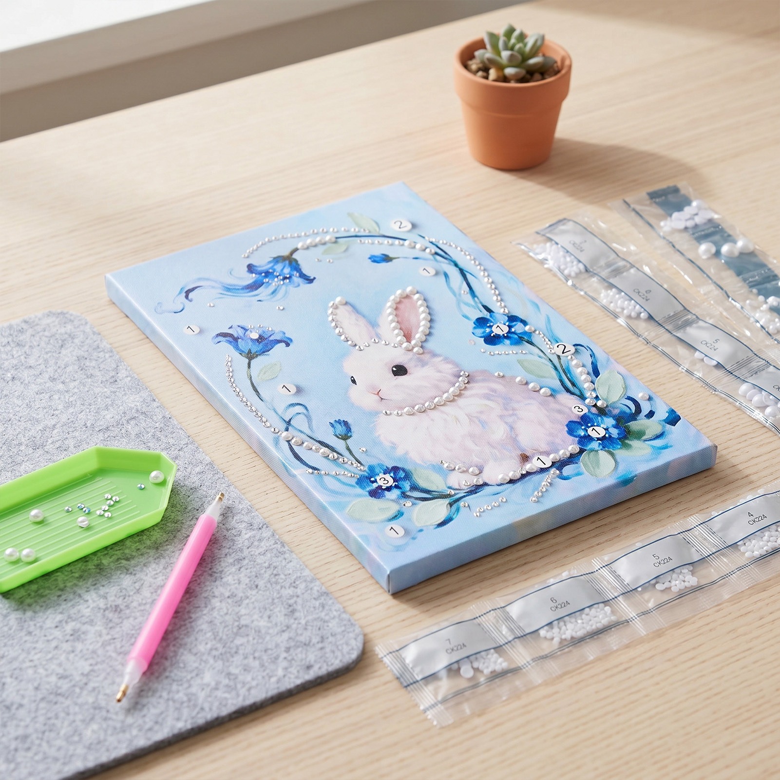DIY Pearl Painting Kit with Frame, Cute Rabbit Design 3D Diamond Art