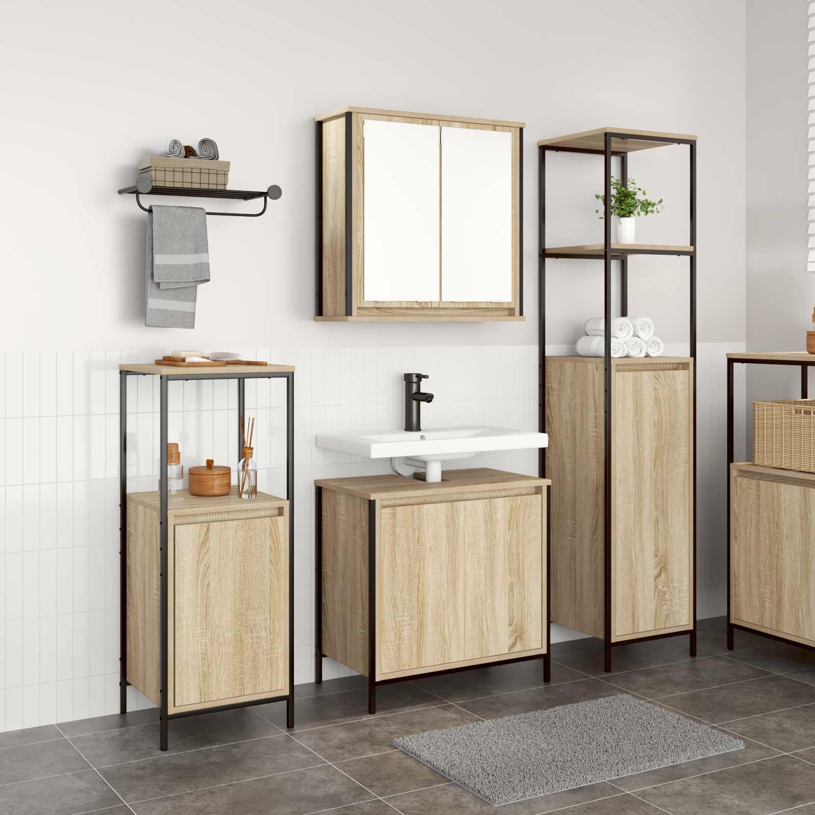 Image of Bathroom Furniture Set, 3-piece, Oak And Black, Modern Bath Set, Rectangular, Storage Space, Durable Furniture, Space-, Minimalist Style, Flush-mounted Sink