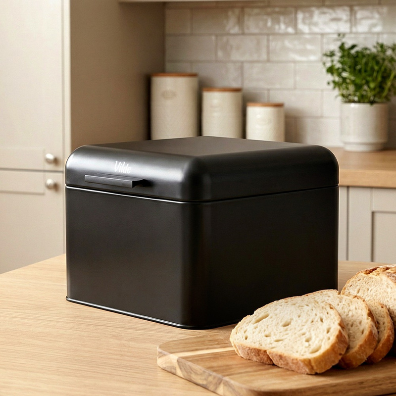 TEMU Caja de pan de metal negro 22x20x14.5 cm - una caja de pan con un diseño elegante, construcción de metal, protección contra el secado del pan,
