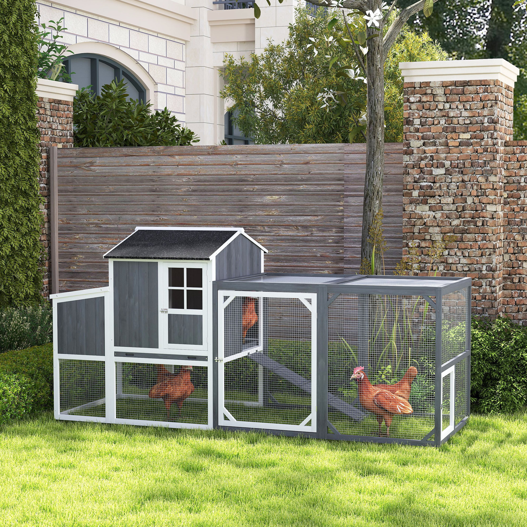 Wooden Chicken Coop With Run, 236.5 X 91 X 114 Cm, Includes Nesting Box, Asphalt Roof, Perch, 2 Roosts, Ramp, Outdoor Enclosure For 3-4 Chickens, Garden Use, Gray
