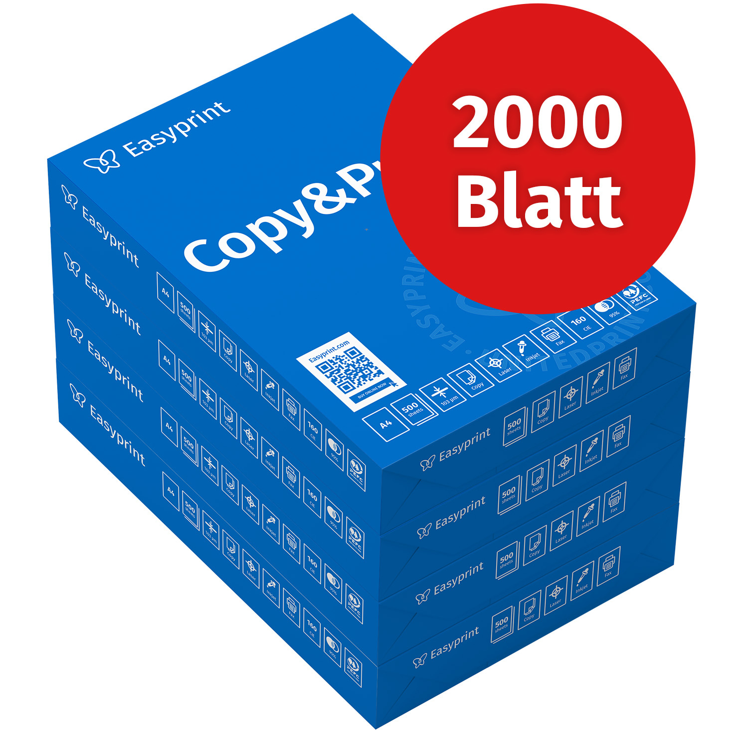Easyprint Printer Paper Copier Paper 2000 Sheets 4 X 500 A4 -white Cie 160 Pefc Certified