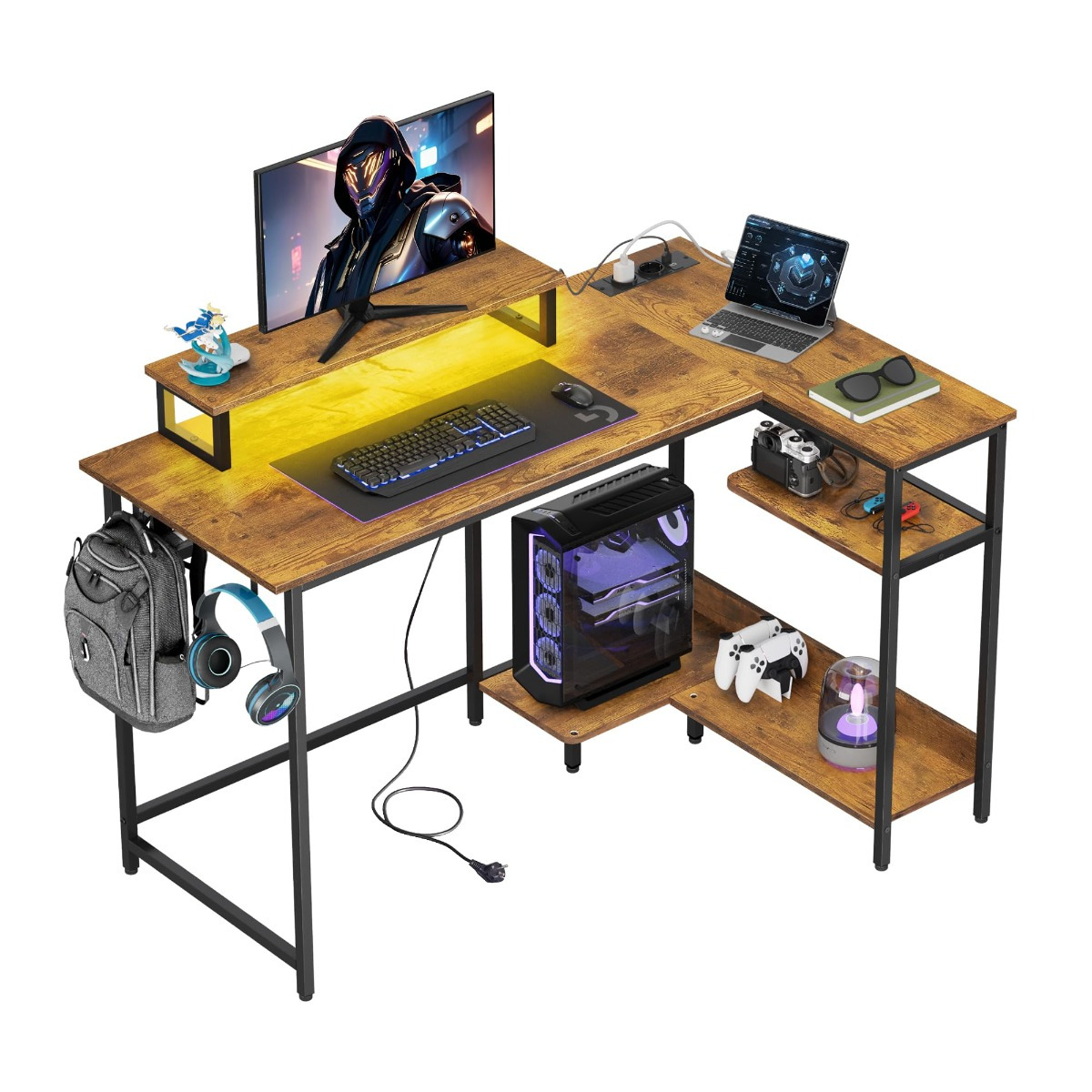 In , 122 X 80 Cm, Gaming Table, Space- Computer Desk With Monitor Stand, Hook And Shelf For Home Office, Oak White