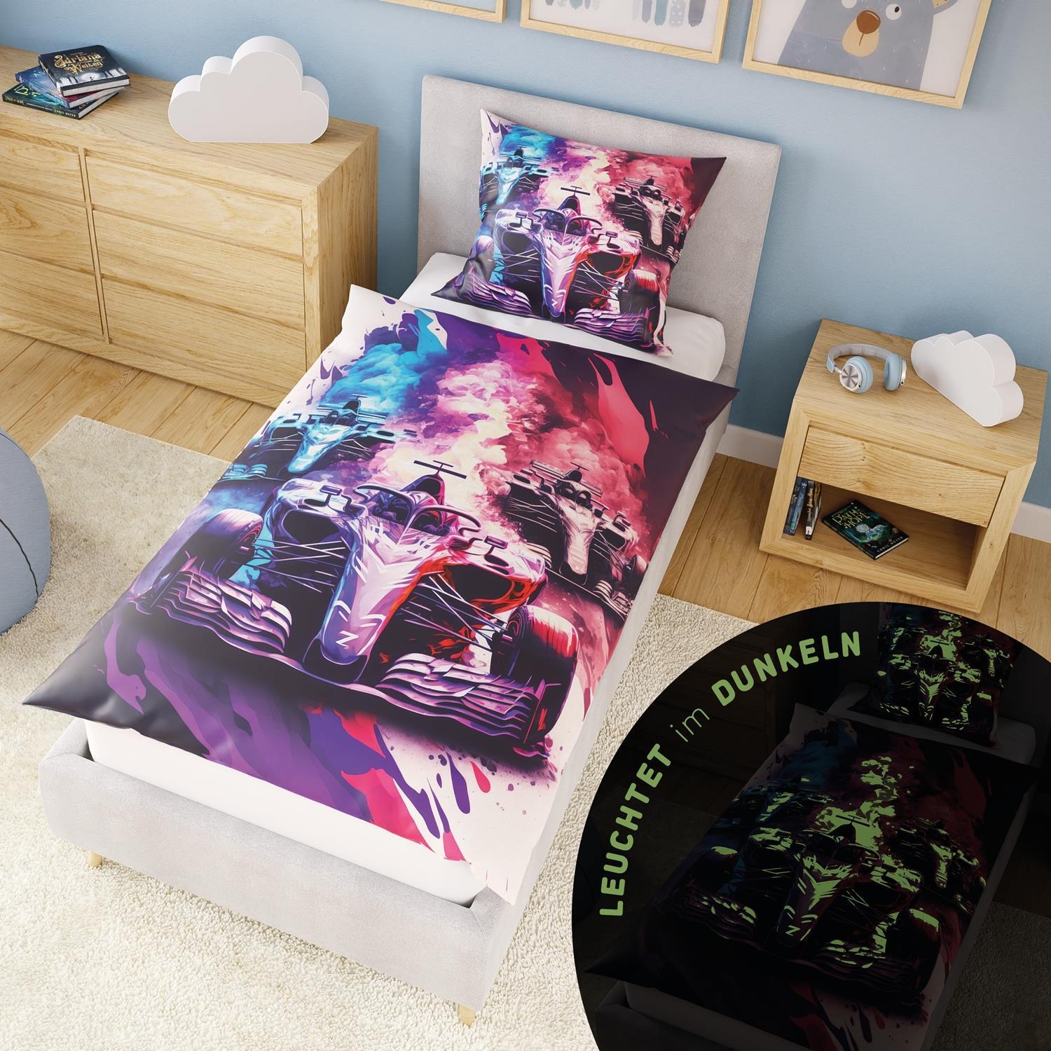 Image of Children's Bedding Set 135x200 Cm Race Car 100% Cotton, Kids Bedding 135x200cm With Pillow 80x80 Cm. Glow In The Dark Children's Bedding For Boys. Luminous Bedding For Boys. Duvet Cover 135x200
