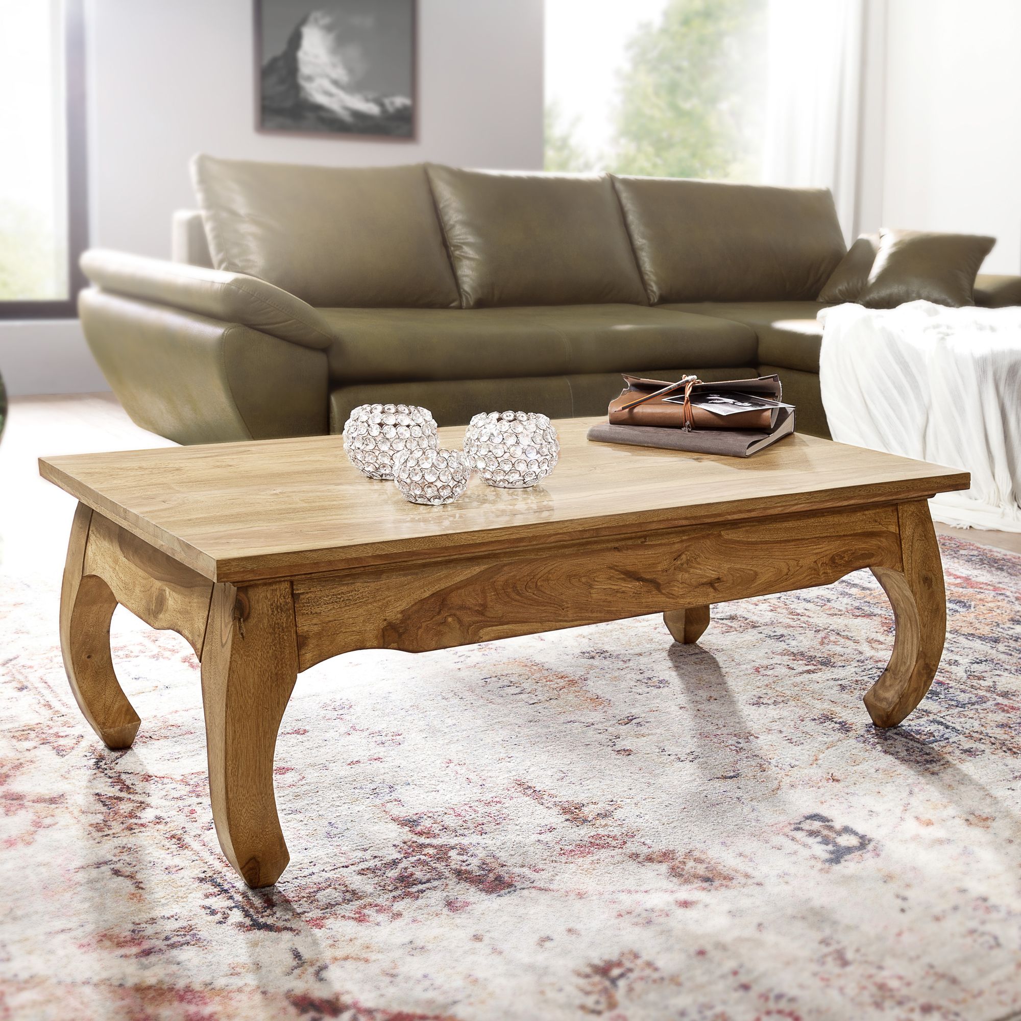 Solid Wood Coffee Table 110 Cm Wide Living Room Dark Brown Country House Style Side Table