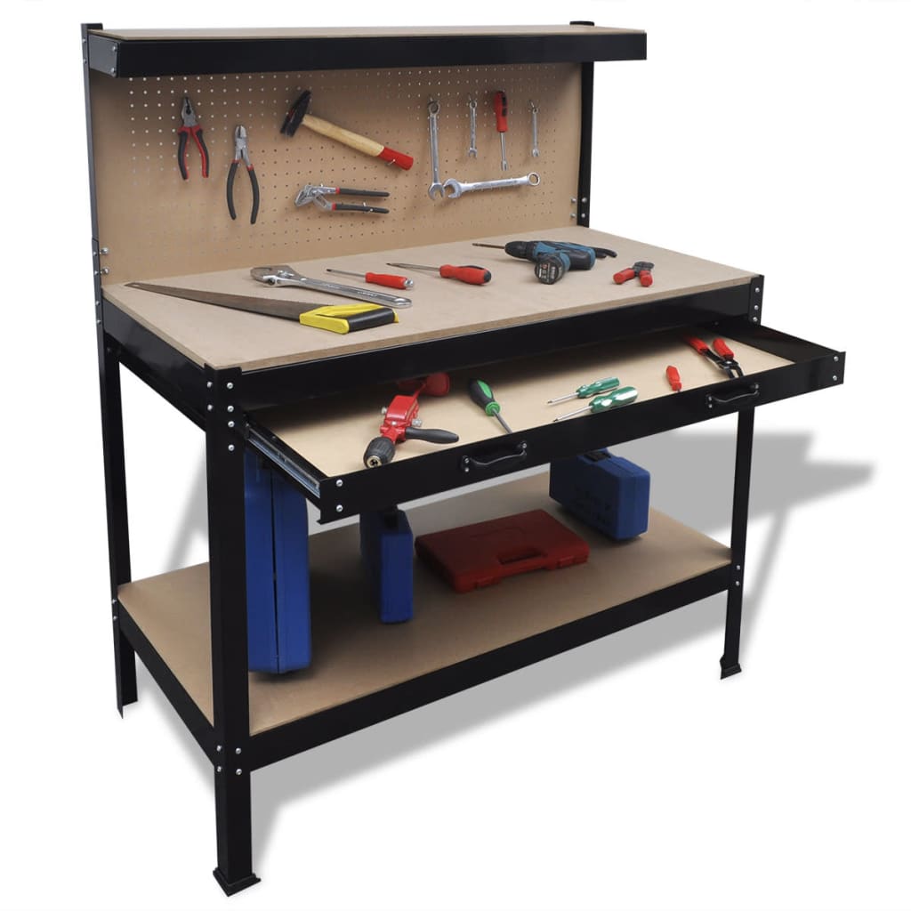 Vidaxl Workbench With Pegboard, Drawer, Work Table, Worktop