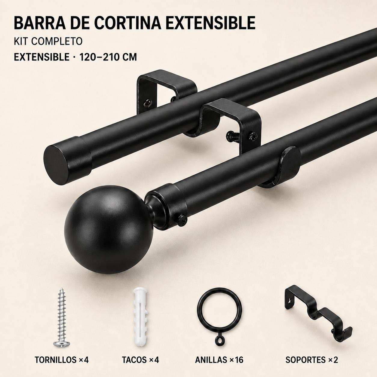 TEMU cortinas extensible con soportes, 3 metros, barra de metal para ventana, 3 tamaños disponibles, ideal para salón, dormitorio, cocina, Negro, y