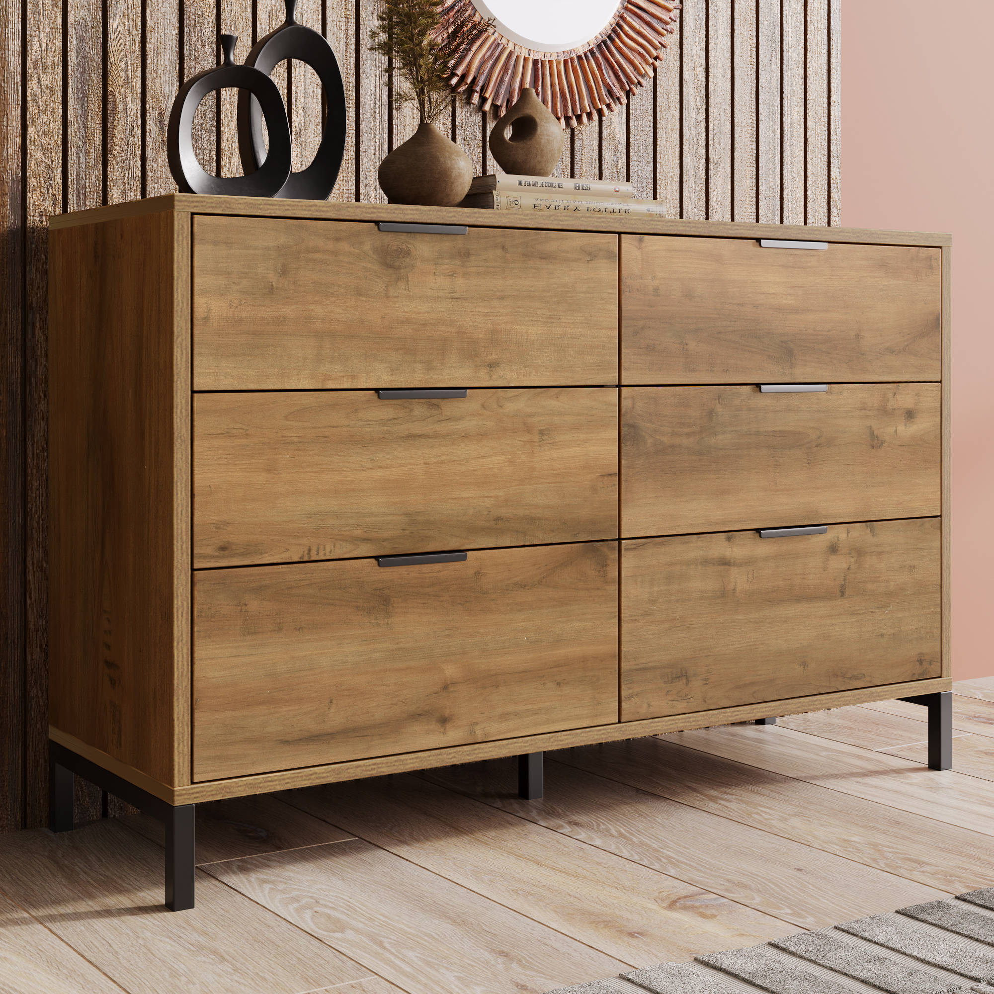 Btm Dresser Sideboard With 6 Drawers, 120 × 40 × 76 Cm In Dark Oak, Metal Legs, For Bedroom & All Living Rooms