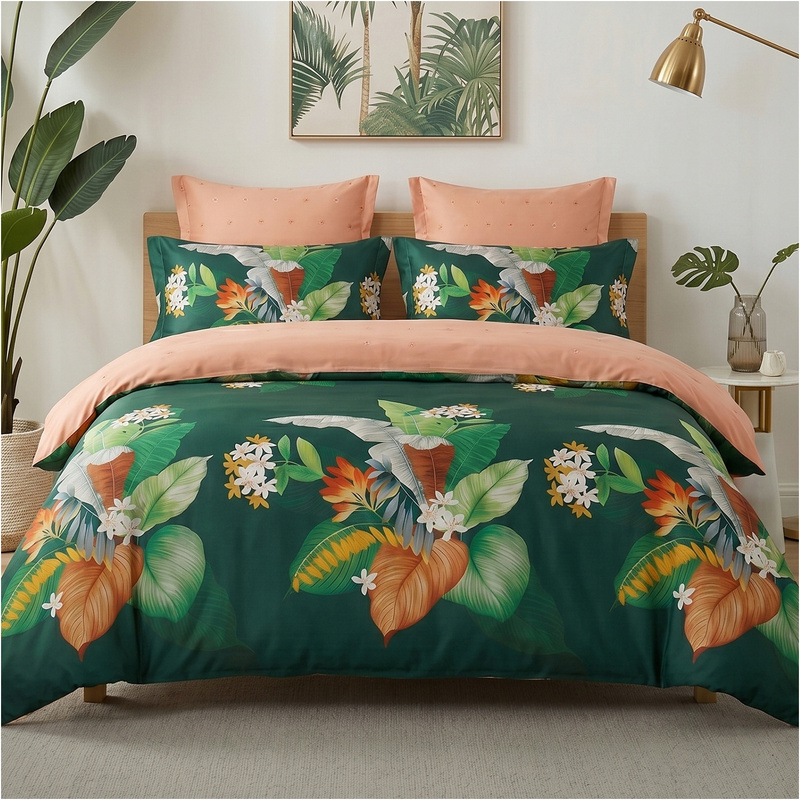 TEMU Complete 3pcs Bedding Set 160 × 200 Cm With Pillowcases 70 × 80 Cm, 100% Satin Bedding With Tropical Pattern, Soft And Pleasant To The Touch