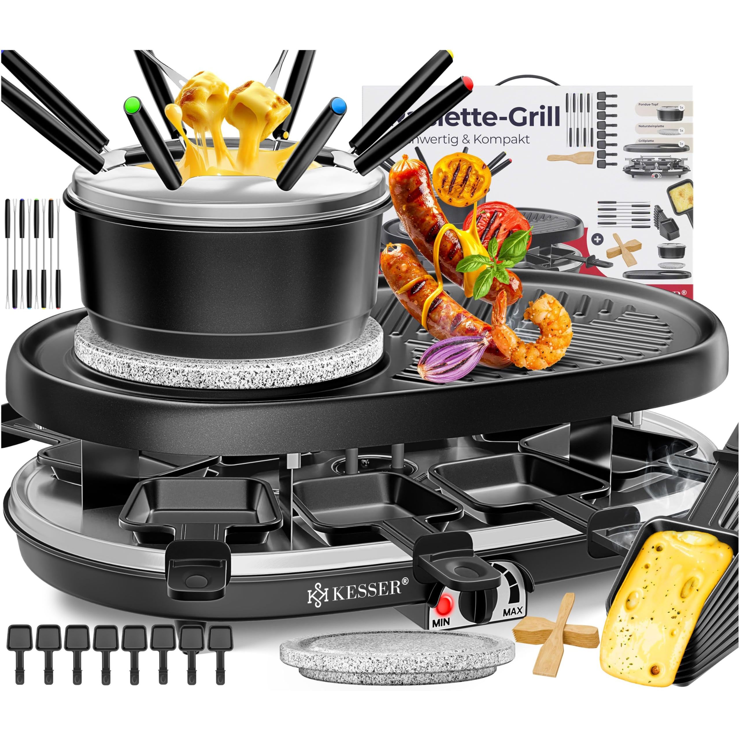 Image of Kesser® 3in1 Raclette-grill With Stone, Grill Plate And Fondue, For 8 People, Electric Grill Raclette Grill With Coated Grill Plate, 8 Pans And Wooden Spatula