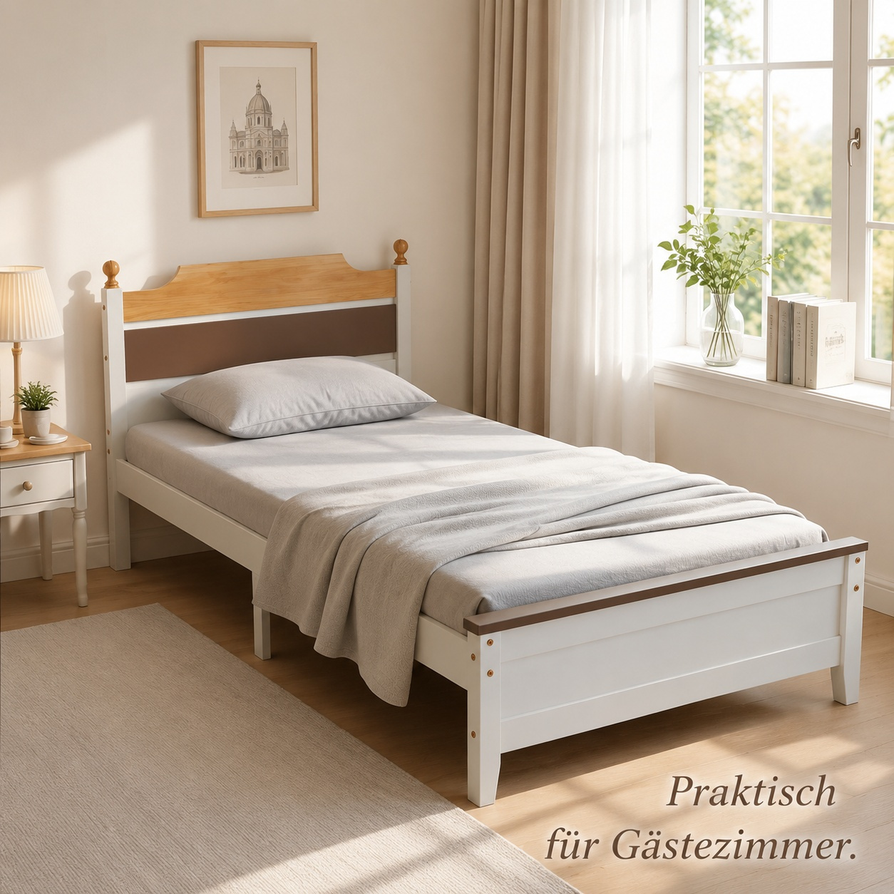 Image of Color-mixed Solid Wood Single Bed 90x200 Cm, Sturdy Slatted Base, Easy Assembly For Teen Rooms & Small Apartments