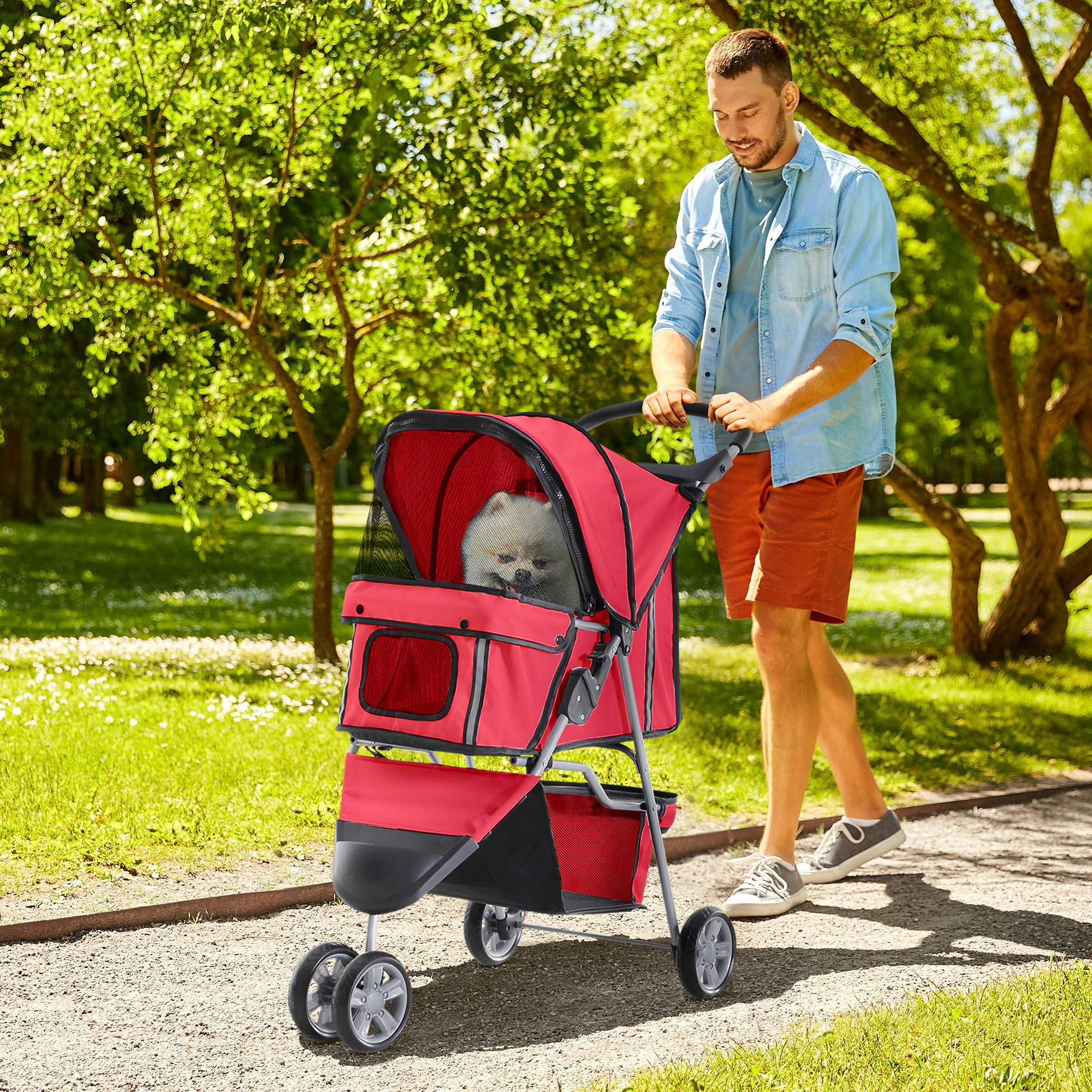 Dog Stroller, Foldable Dog Buggy For Up To 10 Kg, Cat Buggy With Cushion, Mesh Windows, Drink Holder, Storage Bag, Cat Wagon, Buggy Red.