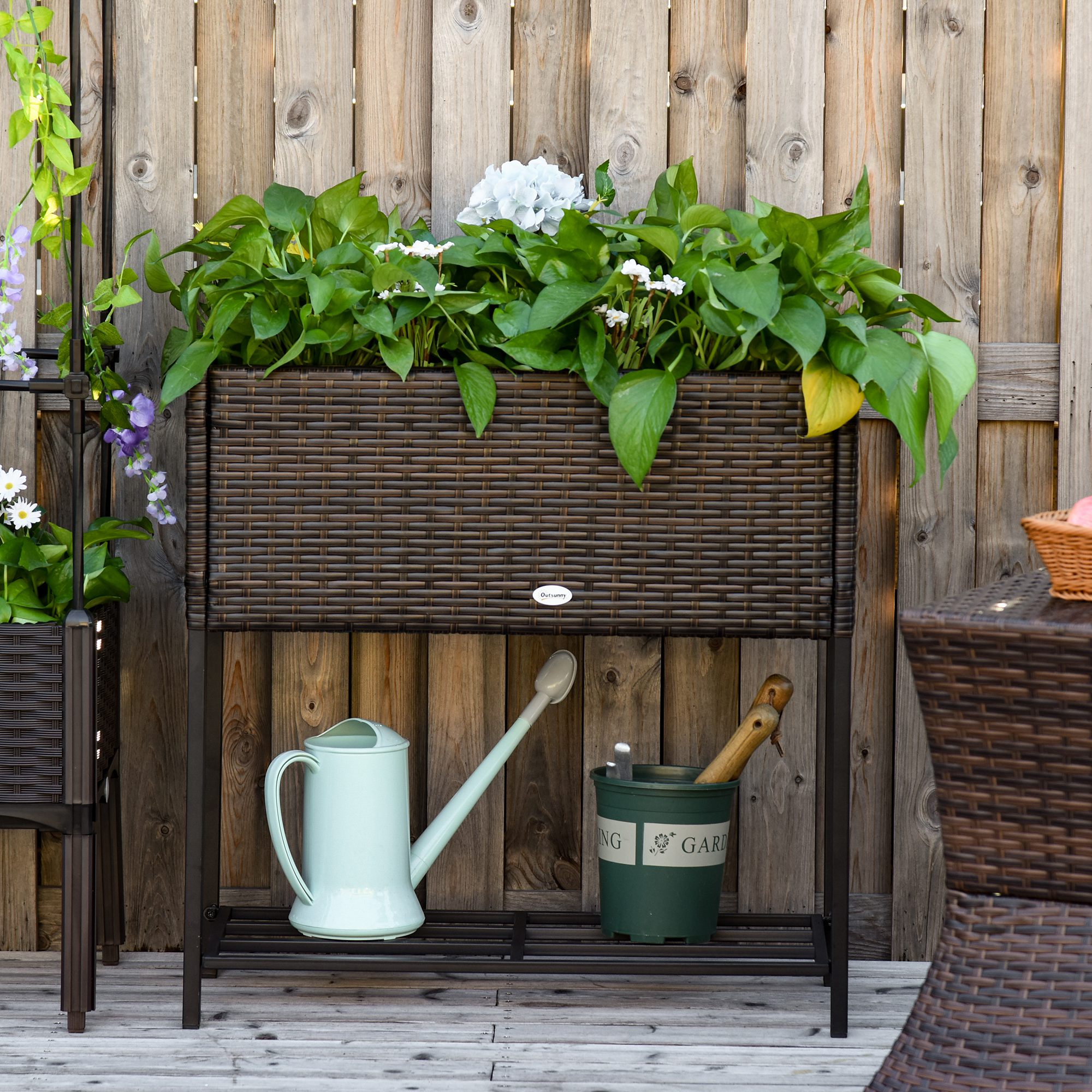Poly Rattan Raised Bed Flower Box With Feet Flower Pot With Shelf 70 X 30 X 72 Cm