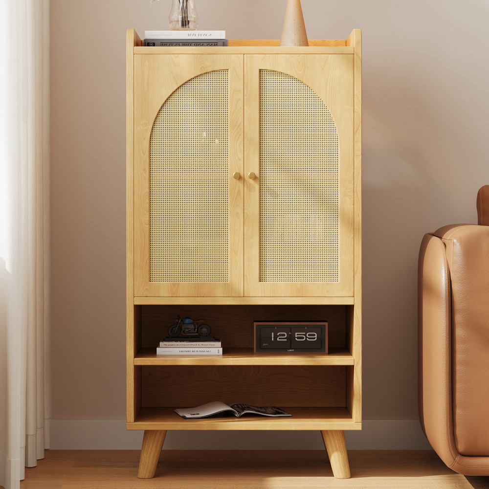 Image of Rattan Sideboard 60x40x121 Cm With 2 Rattan Doors And 2 Open Shelves, For Hall, Living Room, Kitchen