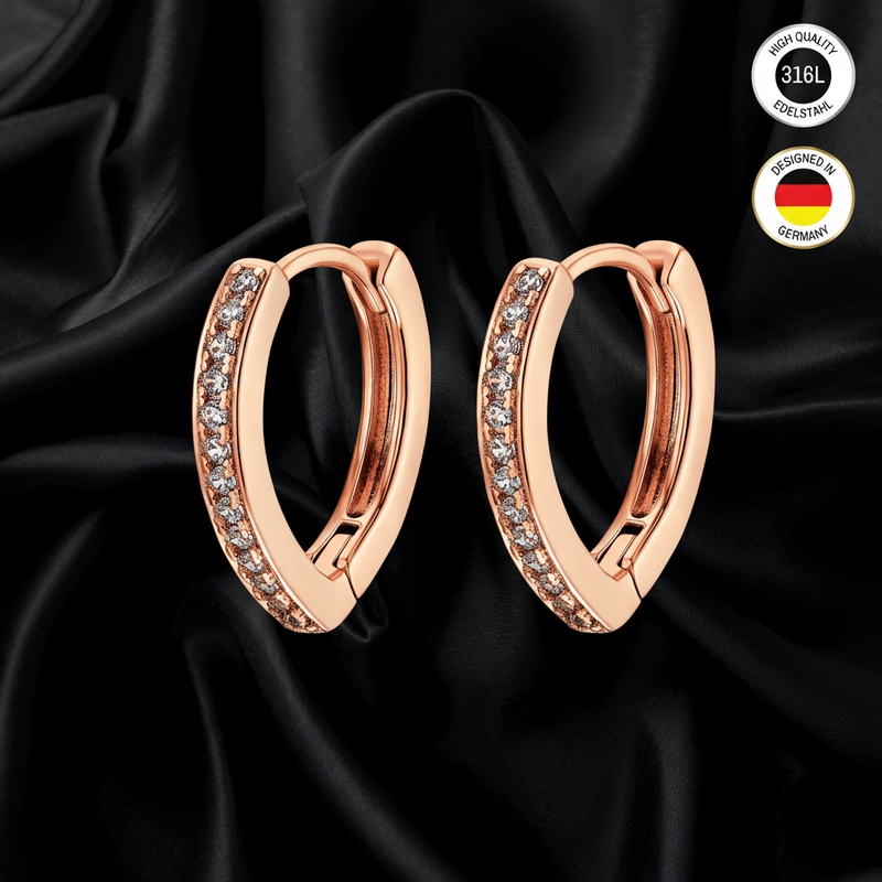 Image of Women's Earrings - Rose Golden Colored - With White Cubic Zirconia Stone - Waterproof