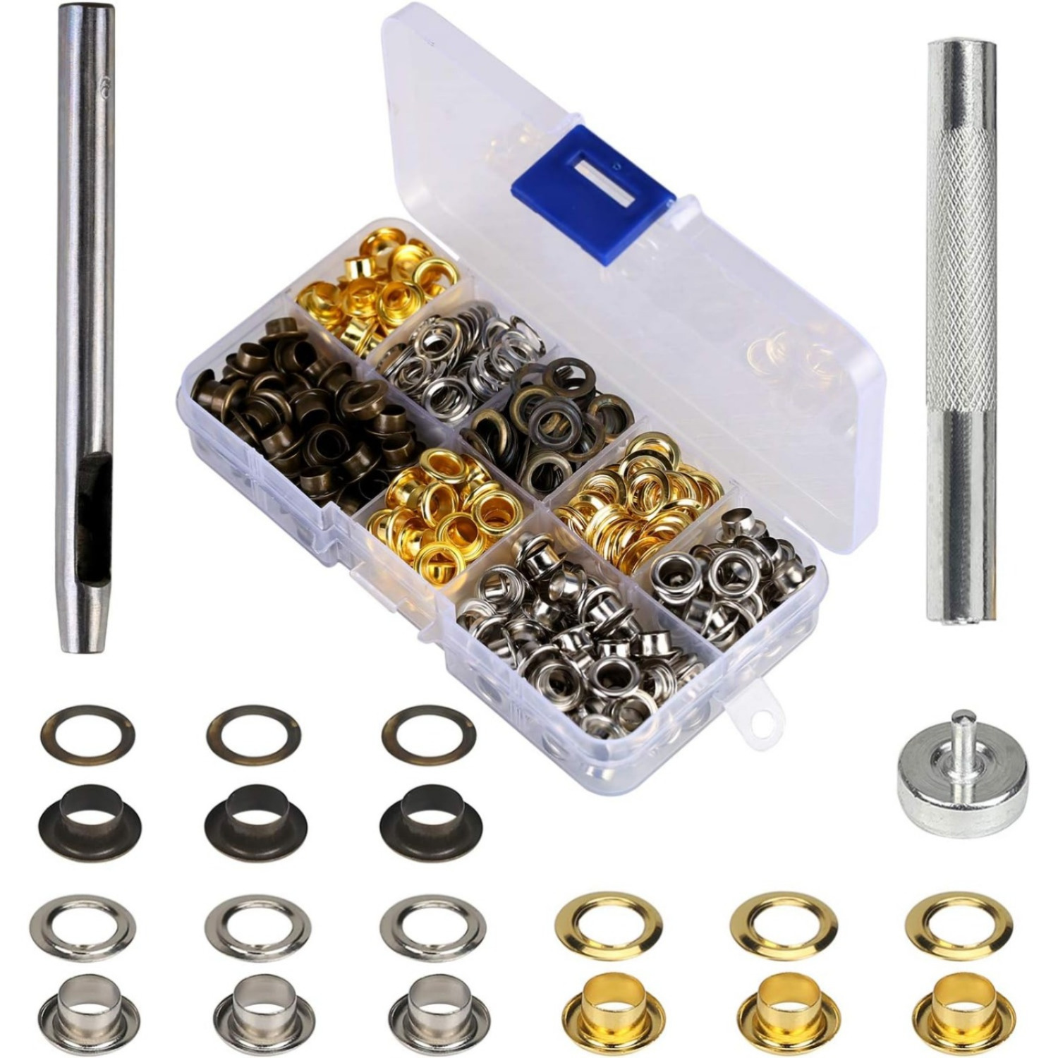 Eyelet Tool Kit 200 Set 6mm Eyelet Discs In 3 Colors With 3pcs Tool Set Eyelet Punch Eyelet Pliers In Storage Box For Diy Leather Craft Fabric Belt Hole Punch Framing