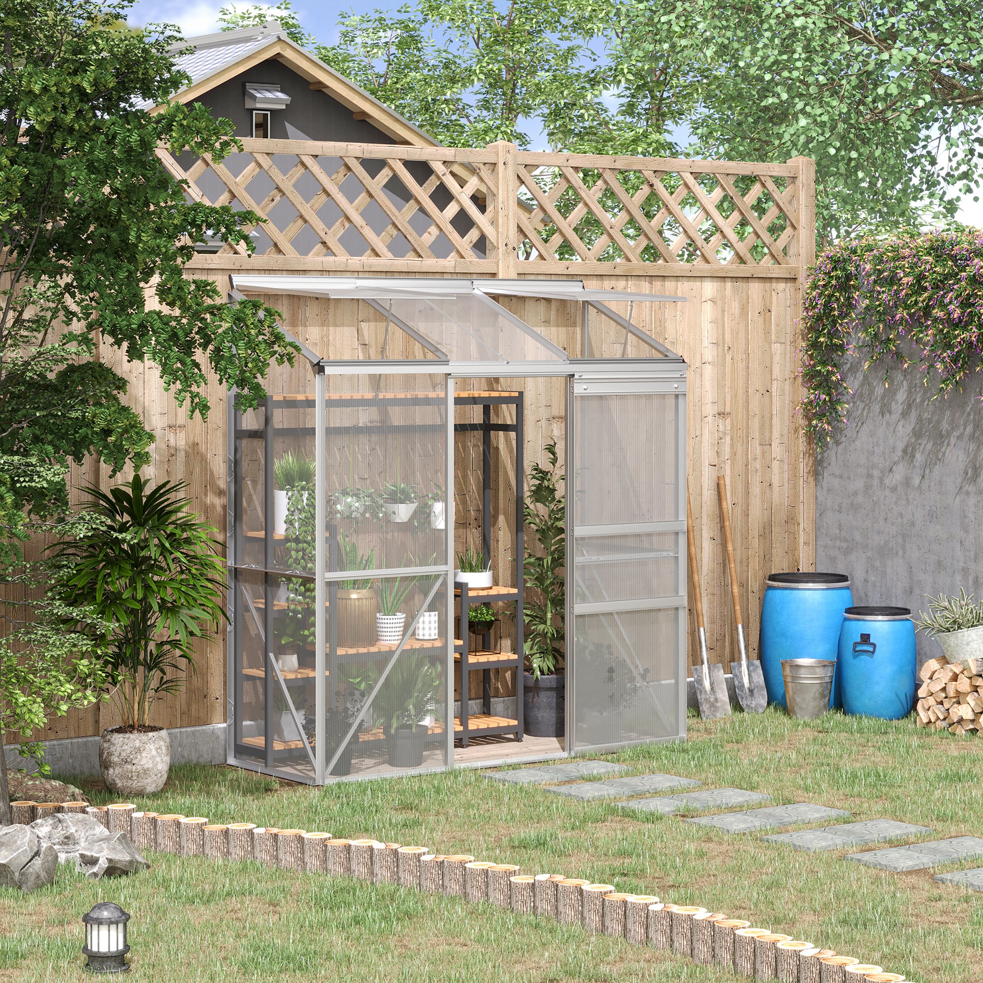 Greenhouse, Greenhouse With Sliding Door, Folding Roof Windows, , For Garden, Made Of Polycarbonate And Aluminum, Silver, 192 X 68 X 196 Cm