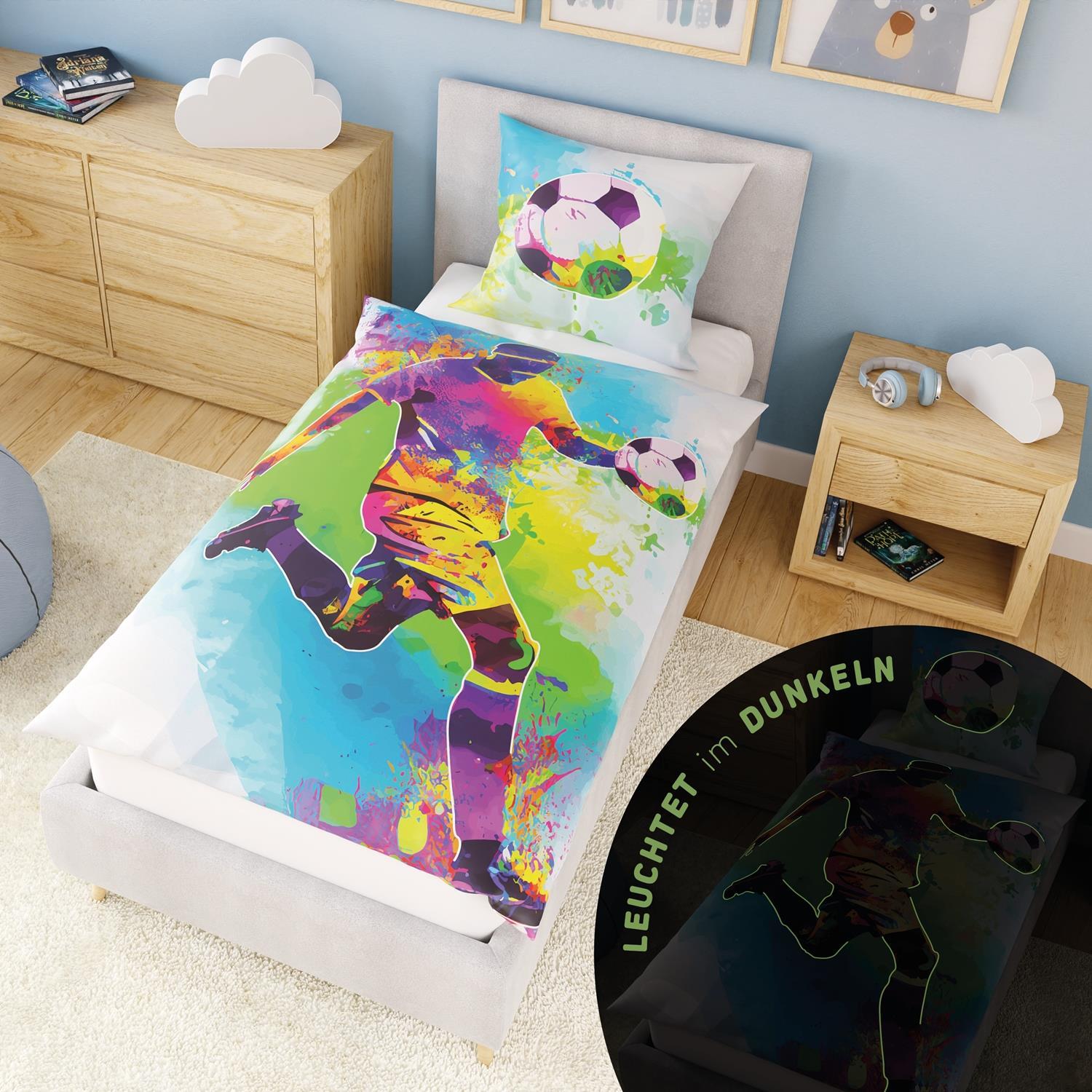 Image of Kids' Football Sport Bedding Set 135x200 Cm, 100% Cotton, Includes Duvet Cover 135x200 Cm And Pillowcase 80x80 Cm. Glow In The Dark Boys' Bedding. Luminous Bedding For Boys. Duvet Cover 135x200 Cm