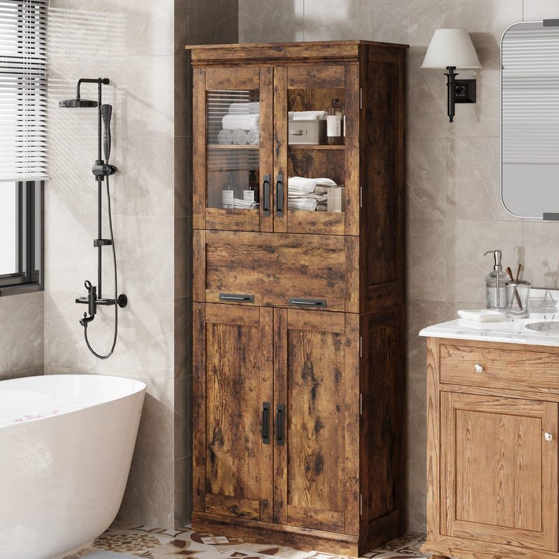 Image of Tall Bathroom Cabinet, 67" Storage Cabinet With Door And Drawer, Adjustable Shelf, Storage Freestanding For Laundry Room, Kitchen, Living Room, Small Space (rustic Brown)