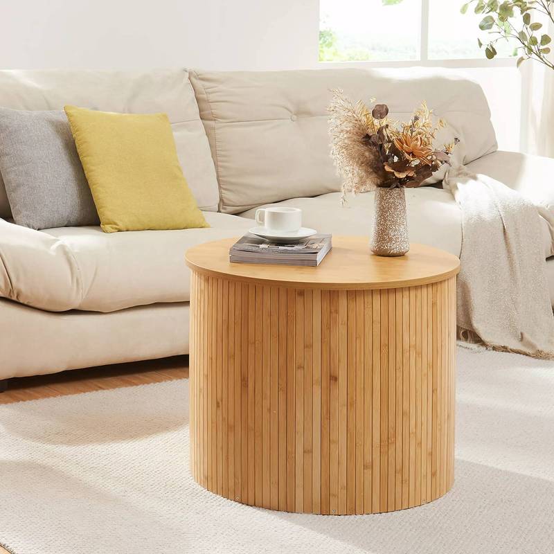 Ledepid Round Side Table, Bamboo + Mdf, Natural Finish