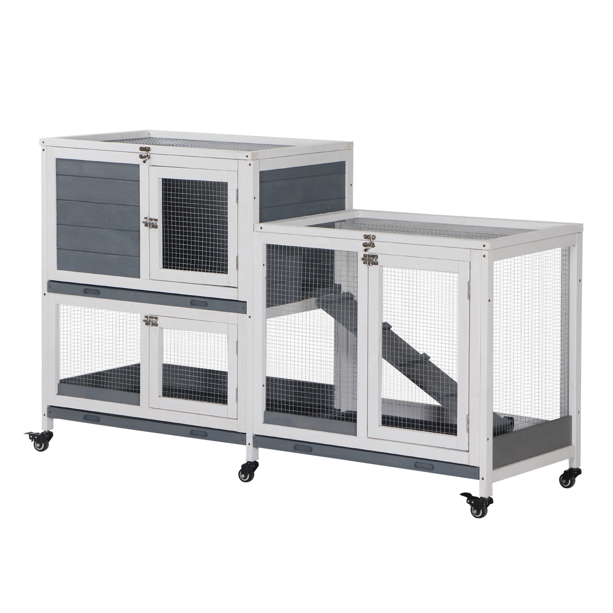 Pawhut Rabbit Clapier Wooden Rabbit Hutch on Wheels 147 X 45.5 X 88.5 Cm 2-Tier Rabbit Cage with Opening Roof 3 Removable Trays 3 Doors with Latch And Ramp Grey