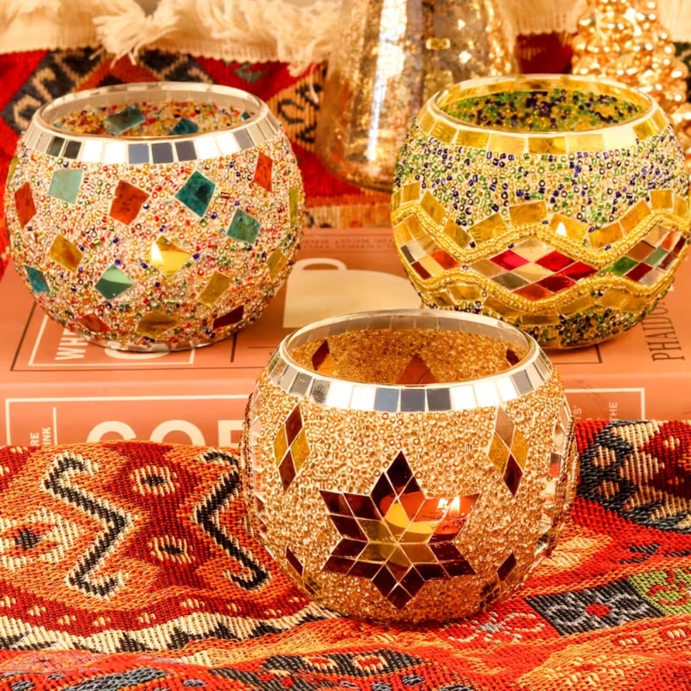 TEMU 3pcs Handcrafted Mosaic Candle Holder Set Colorful Glass Tea Light Holder With Designs For Romantic Candlestick Anniversary Dinners, Weddings,
