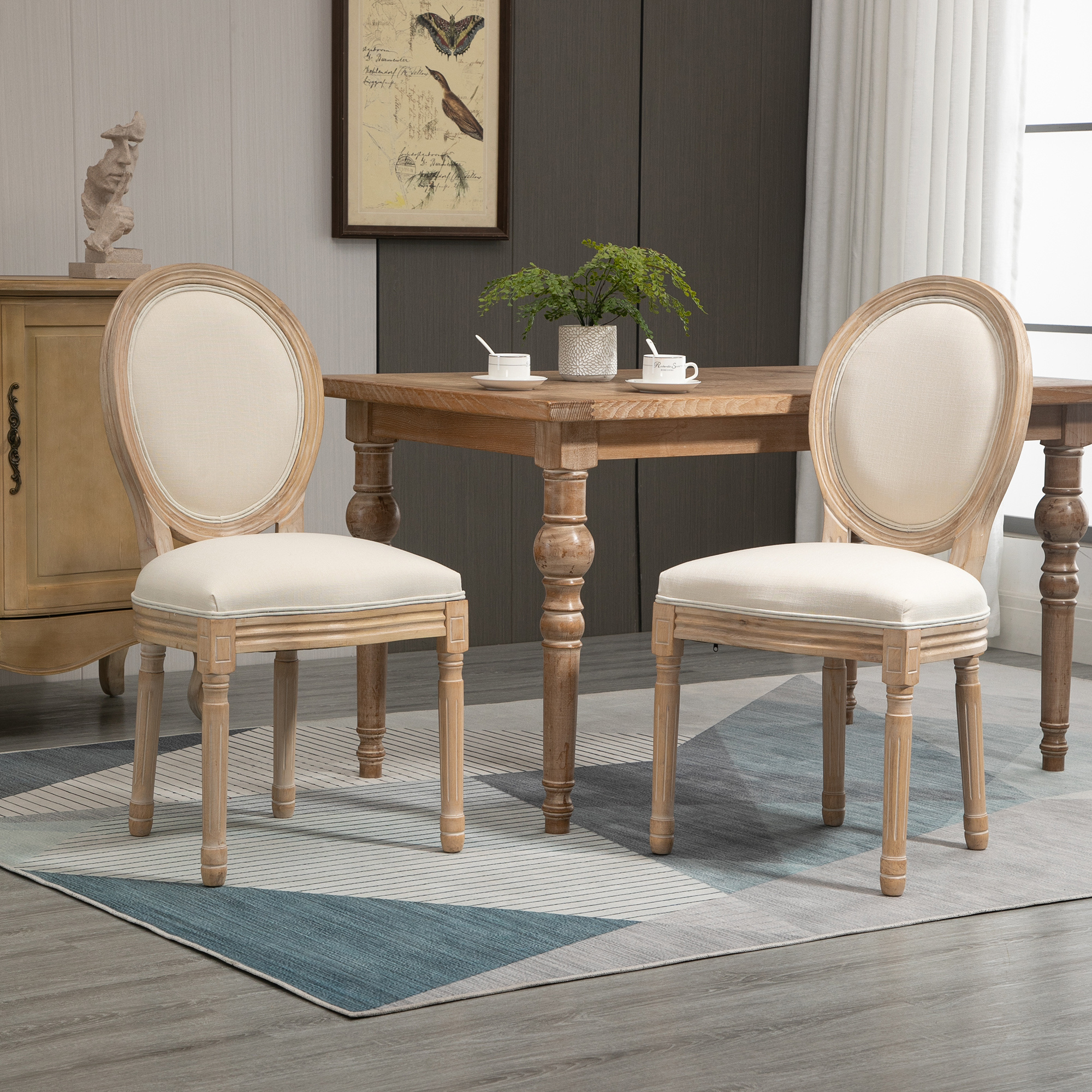 Image of Set Of 2 Chairs, Upholstered Kitchen Chairs With Backrest, Linen-touch Solid Wood, Cream White + Natural, 49 X 56 X 96 Cm