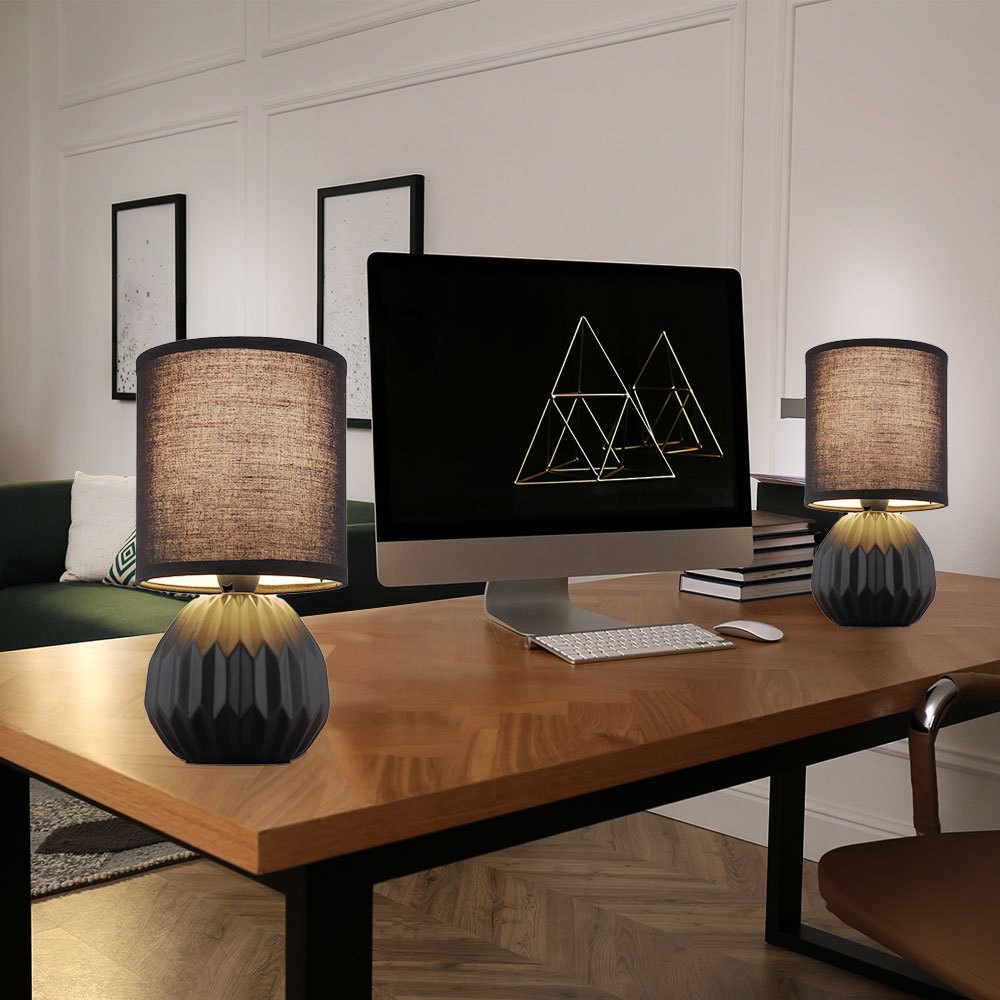Black Ceramic Table Lamp Night Table Lamp Table Light Living Room Lamp Textile, 1x E14, Dxh 12 Cm, 2pcs Set Without