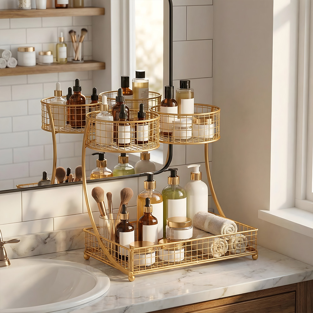 TEMU Yellow Organizer Rack With 2 Layers, 3-section Basket For Bathroom Storage, Practical Shelf Design For Bedroom Living Room Kitchen And Bathroom