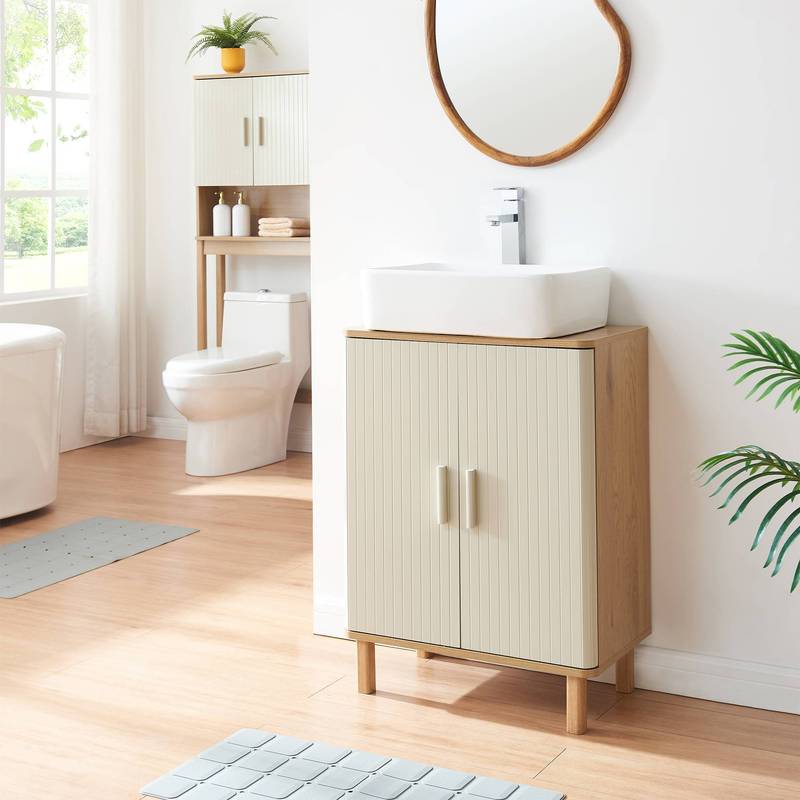 Image of Ferrersp Under-sink Cabinet With 2 Doors And 3 Shelves, 80 X 60 X 35 Cm, Oak Finish/sand Color