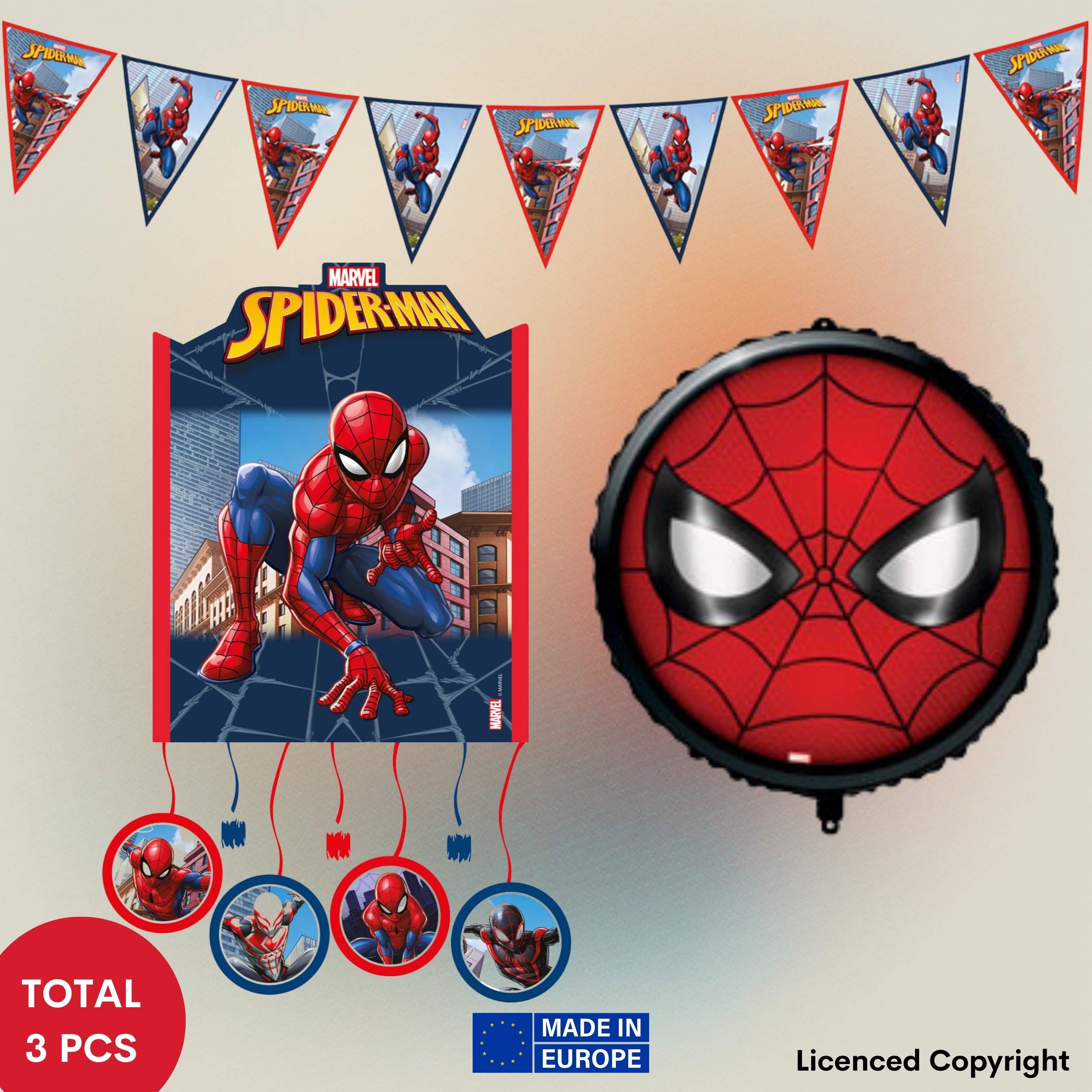 TEMU 3-tlg. Spiderman Partydeko Set - Coole -Deko für Kindergeburtstage! Mit 1 Papier-Wimpelbanner, 1 Pinata & 1 Folienballon (46 cm, inkl. Halm,