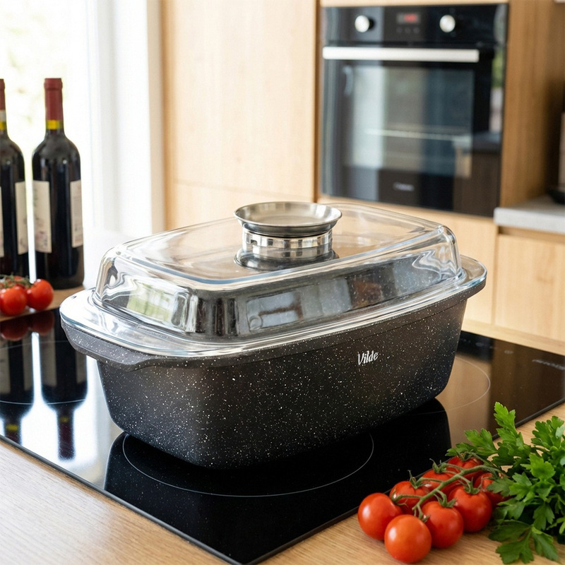 TEMU Granit-Bratform mit Glasdeckel, 5,4 L, 39x22x17,5 cm – Rechteckige Bratform zum Backen, Schmoren und mit antihaftbeschichteter