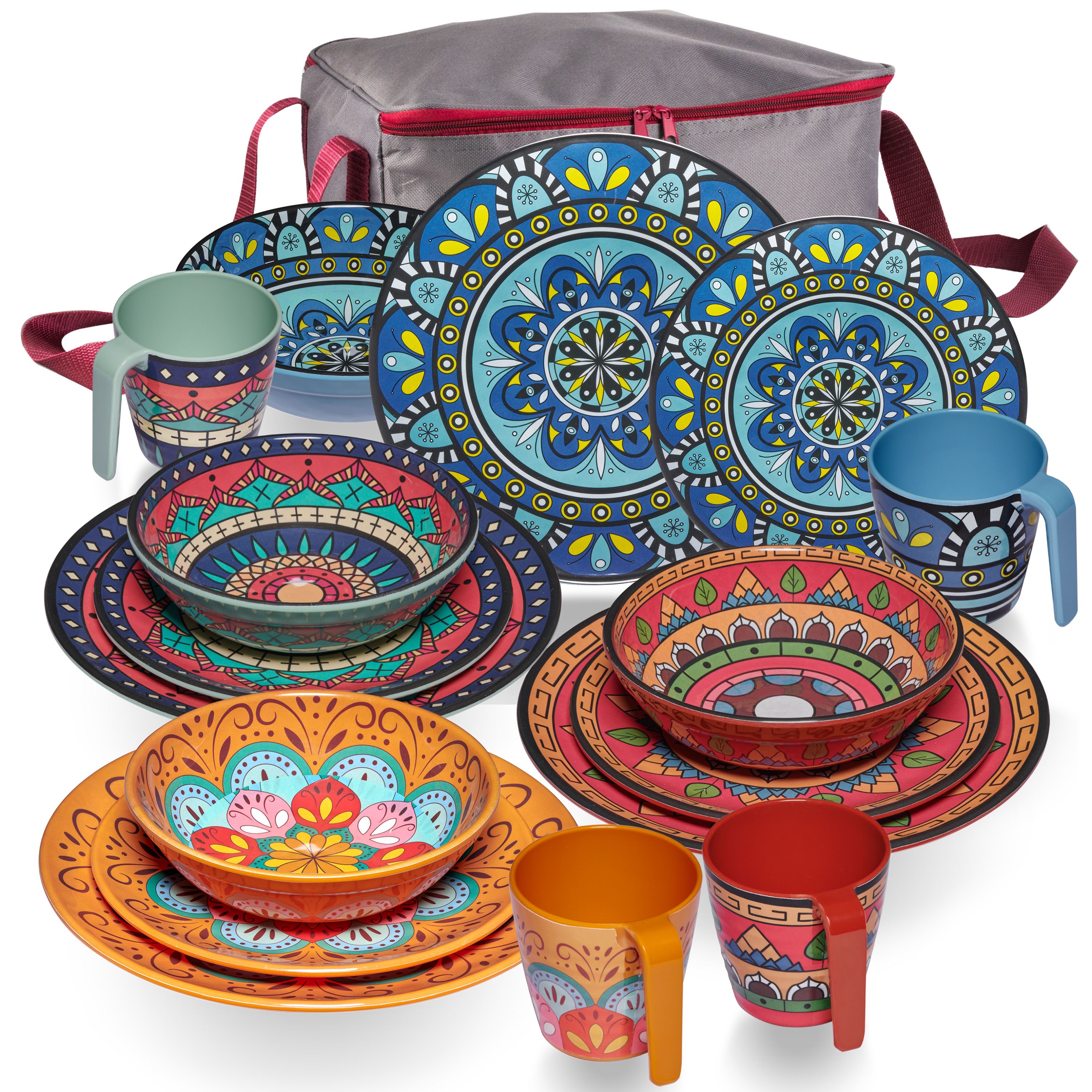 Image of Tuscany Camping Tableware For 4 People - 17-piece Set With Bag - Colorful - Mandala Design, Dishwasher Safe, Dinnerware, Camping Accessories, Camping, Festival, Picnic, Garden Party