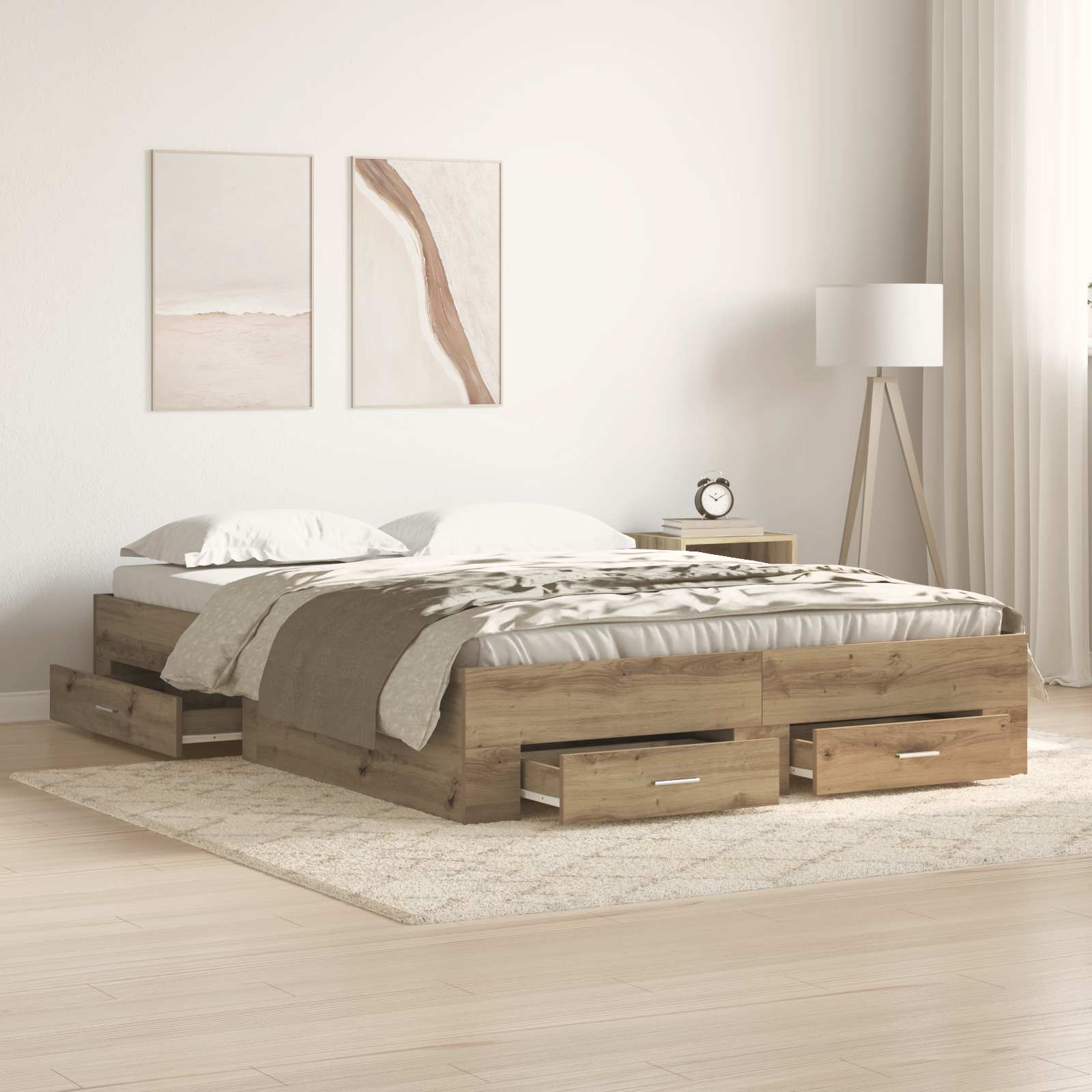 Image of Bed Frame - Oak 140 X 190 Cm Wood Composite, Stylish Storage Bed Frame, Rectangular , Wooden Furniture For Modern Bedrooms