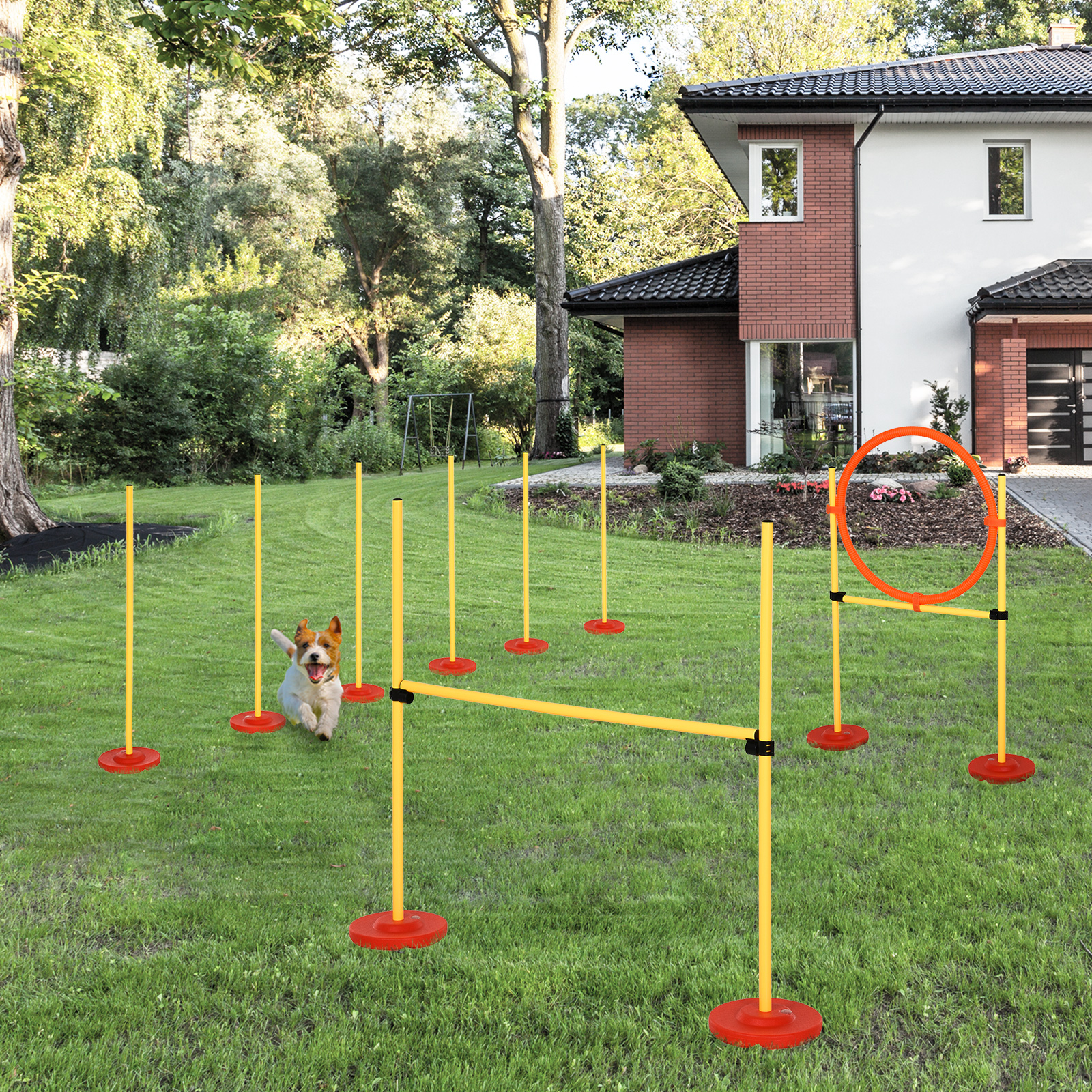 Agility Set For Dogs 3pcs Agility Equipment For Dog Training Steeplechase Set With 6 Slalom Poles Adjustable Height Hurdles Jump Tire Carry Bag Agility Set For Games Training