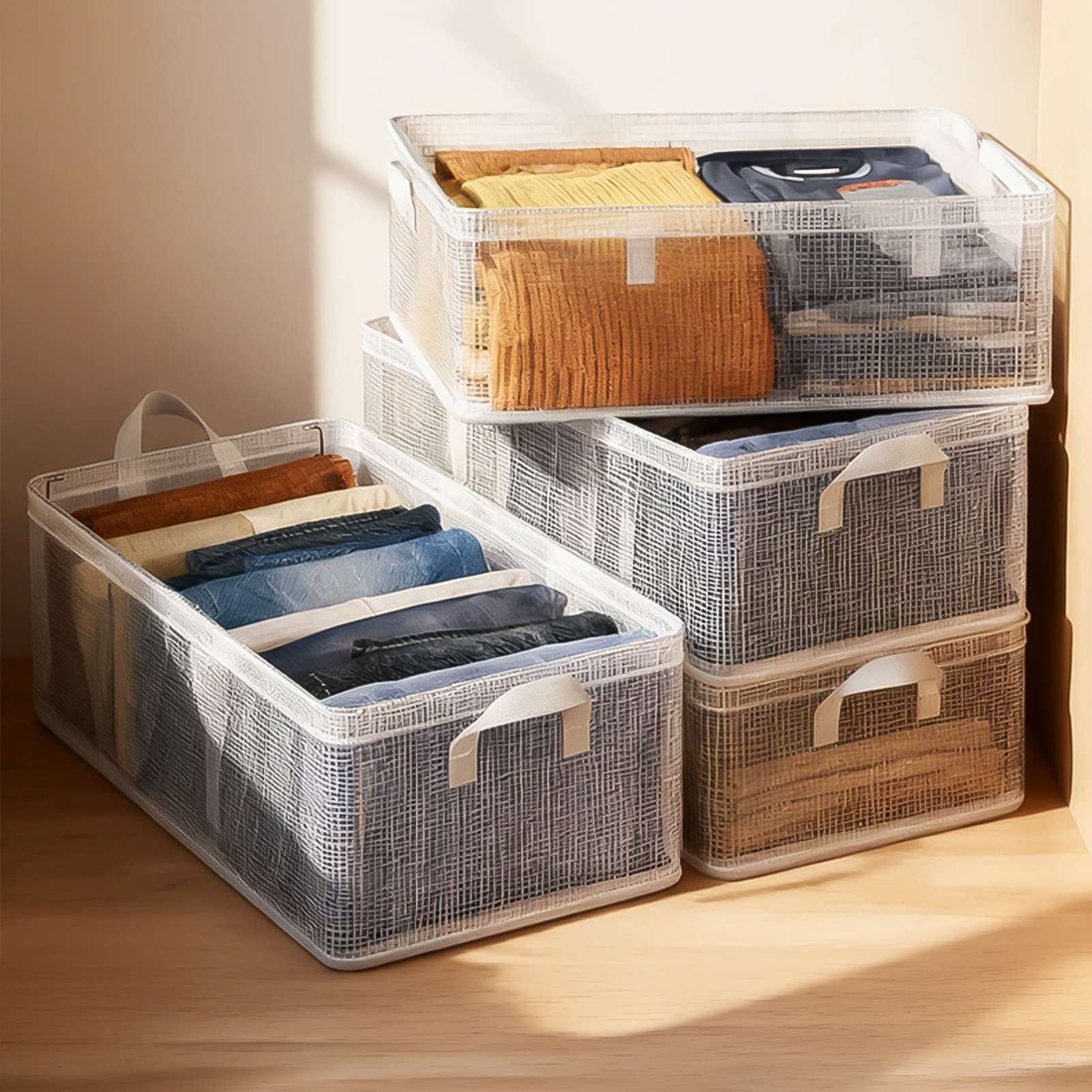 4 Pack Clear PVC Transparent Open-Top Clothes Storage Baskets