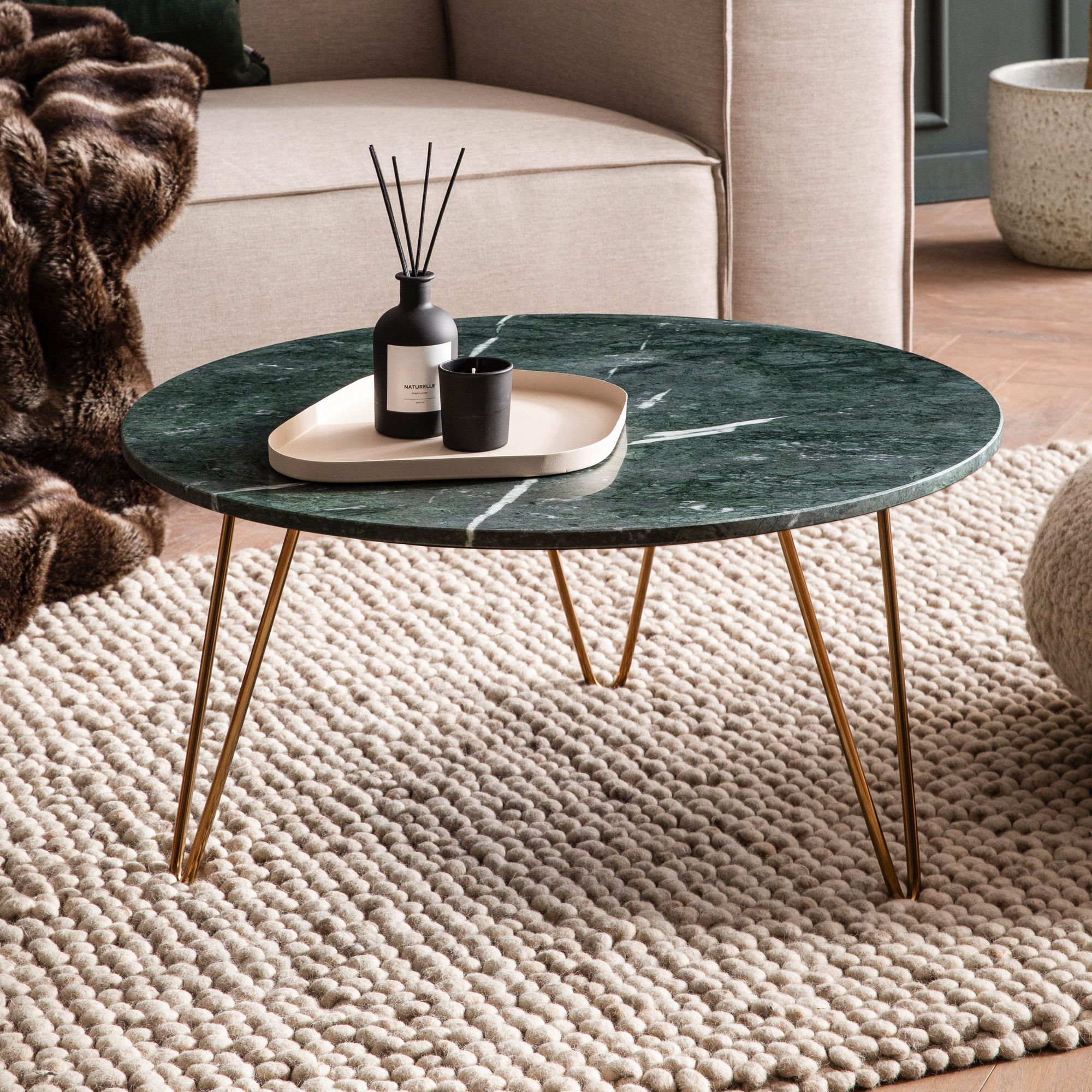 Image of Marble Coffee Table Green 70x70x35 Cm, Metal Golden, Three-legged Living Room Table Round Modern, Large Lounge Table, Coffee Table Hairpin Legs