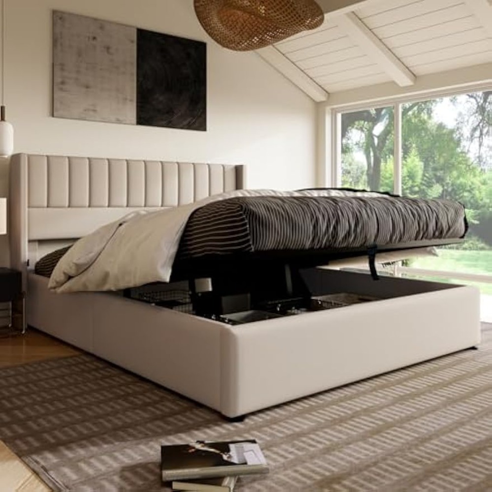 Double Padded Bed 160 X 200 Cm, Hydraulic, With Slatted Base And Storage Bed, Storage Space With Headboard, Adult Bed Frame, Metal Frame, Linen. Note: Mattress Not Included In Delivery.