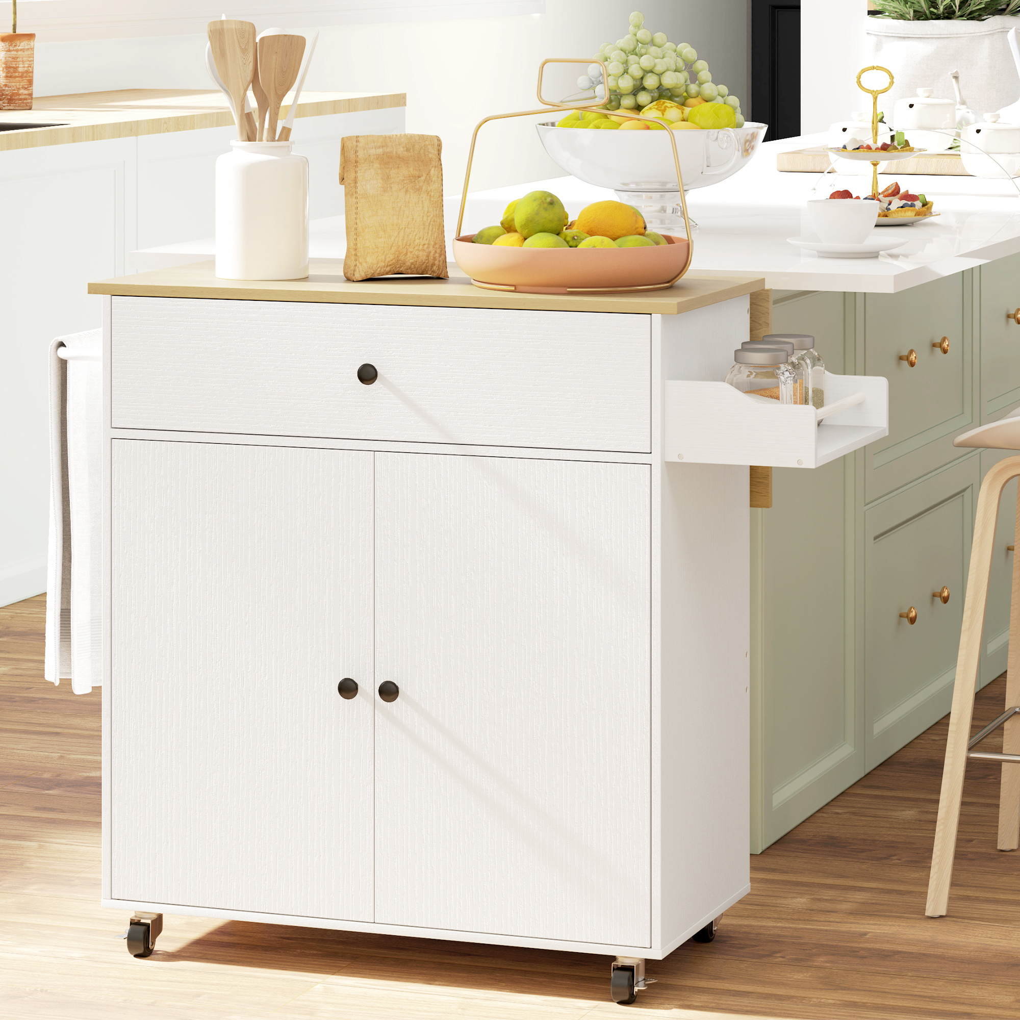 Kitchen Island Trolley On Wheels With Folding Worktop, Drawer, Rolling Kitchen Cabinet With Insert Shelf, Towel Bar, Spice Rack, Serving Trolley White