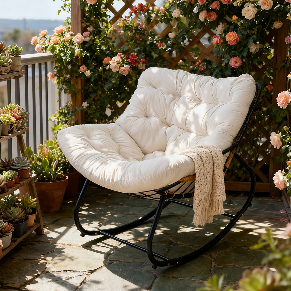 TEMU 1pc Outdoor Rattan Rocking Chair, Cushioned Nest Rocking Chair, Ergonomic Comfortable Lounge Chair, Multipurpose For Living Room, Balcony,