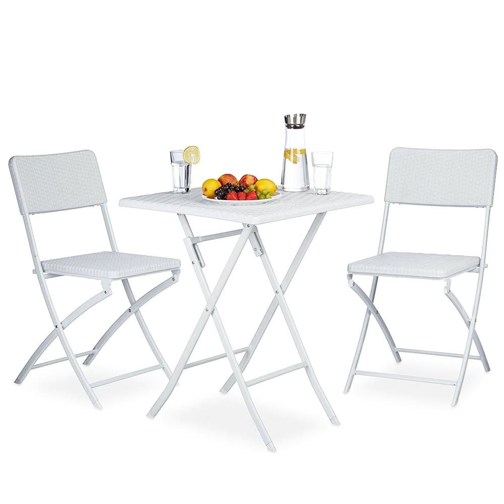 TEMU Table Set + 2 Folding Chairs Outdoor Garden Furniture In White Poly Rattan, Foldable Space-saving Design, Modern Outdoor Furniture
