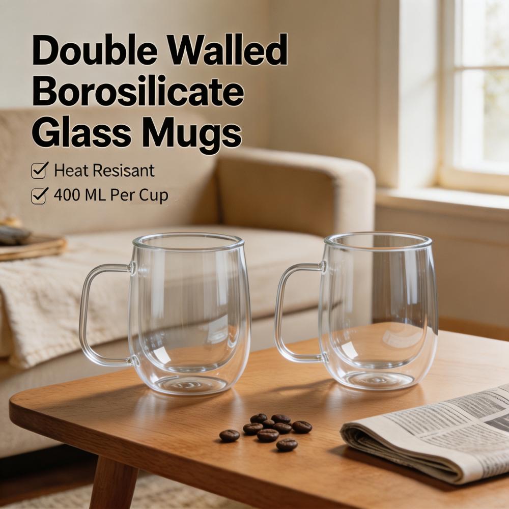 TEMU 400ml Double Walled Borosilicate Glass Mugs With Handle Set Of 2, Heat‑resistant Insulated Clear Glass Coffee Cups, Reusable Drinking Glass Cups
