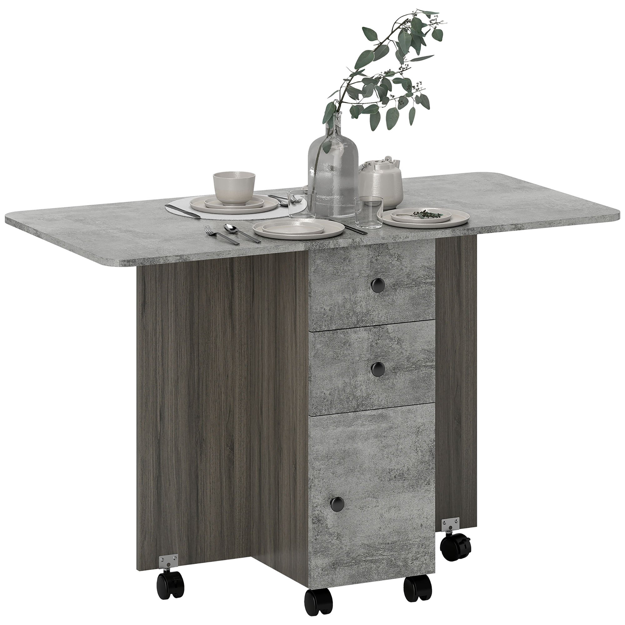 TEMU Mesa Plegable de Comedor Mesa de Cocina Plegable con Ruedas Abatibles 2 Cajones Estante y Armario 6 para Salón Pequeño 120x60x765 cm