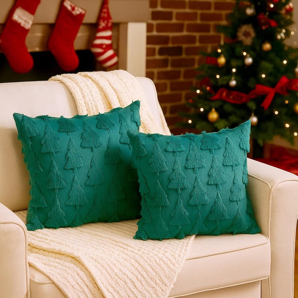 Image of Christmas Pillow Cover, 3d Christmas Tree Plush Pillowcase, Velvet Back, Decoration For Sofa Living Room