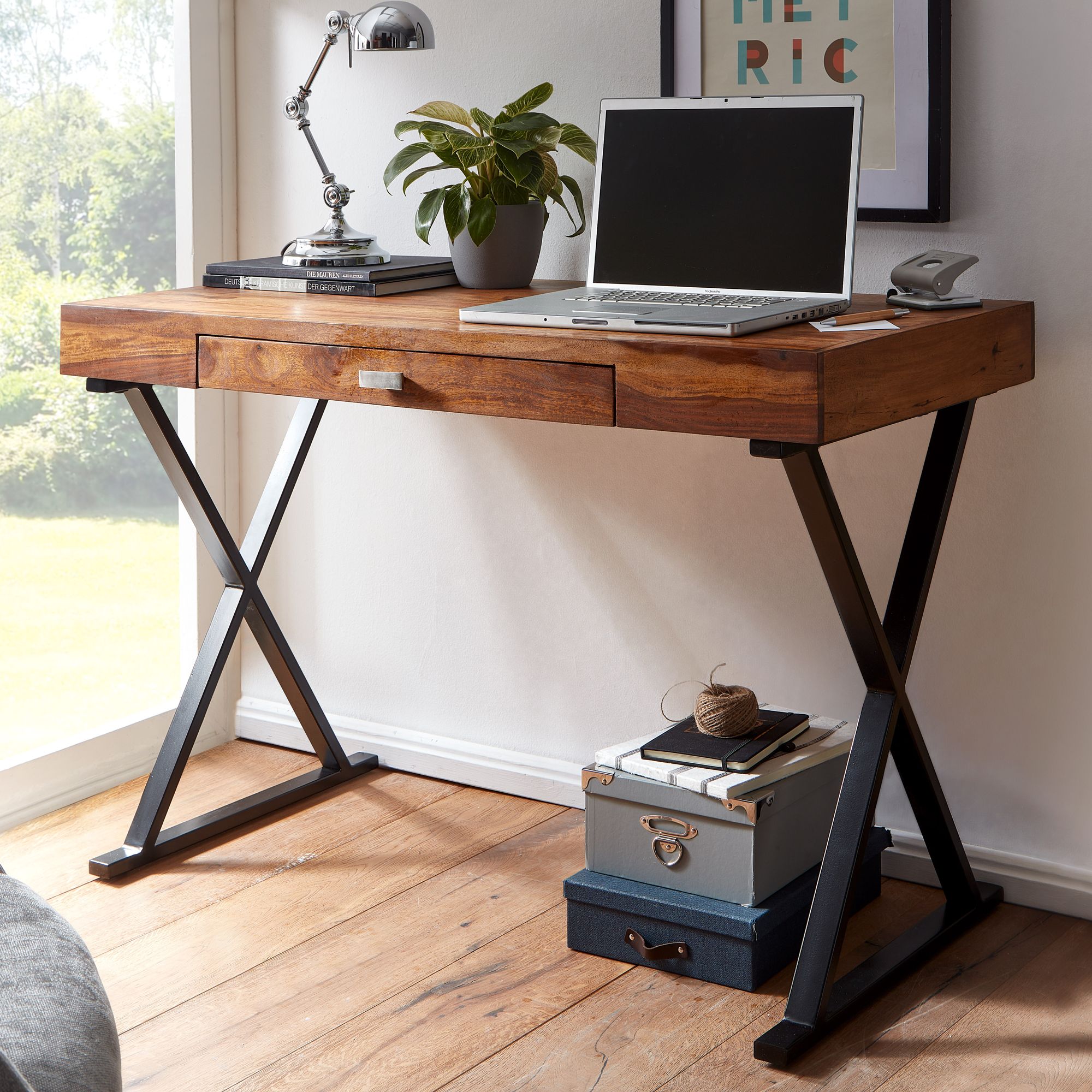 Desk 120x55x78 Cm Solid Wood / Metal, Desk With Drawer, Home Office Laptop Table Computer Desk With Storage Space