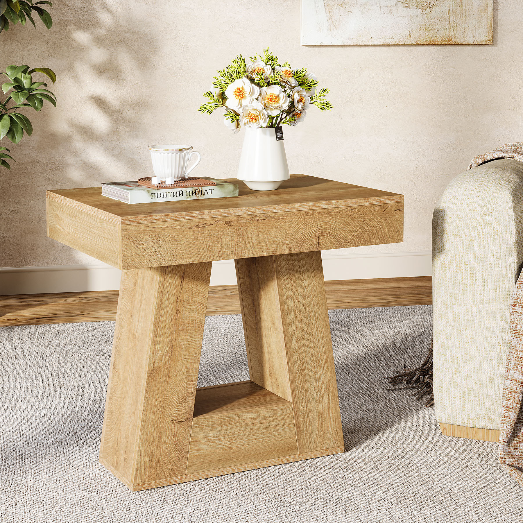 2-storey Modern Nightstand, Wooden Nightstand With Trapezoidal Base, Small Nightstand With Wood Grain For Living Room Bedroom