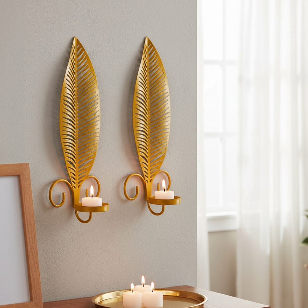 TEMU Metal Leaves Shaped Hanging Candle Holder Set Of 2 Wall Mounted Candlesticks For Indoor Wall Decoration Wedding Event Ambiance