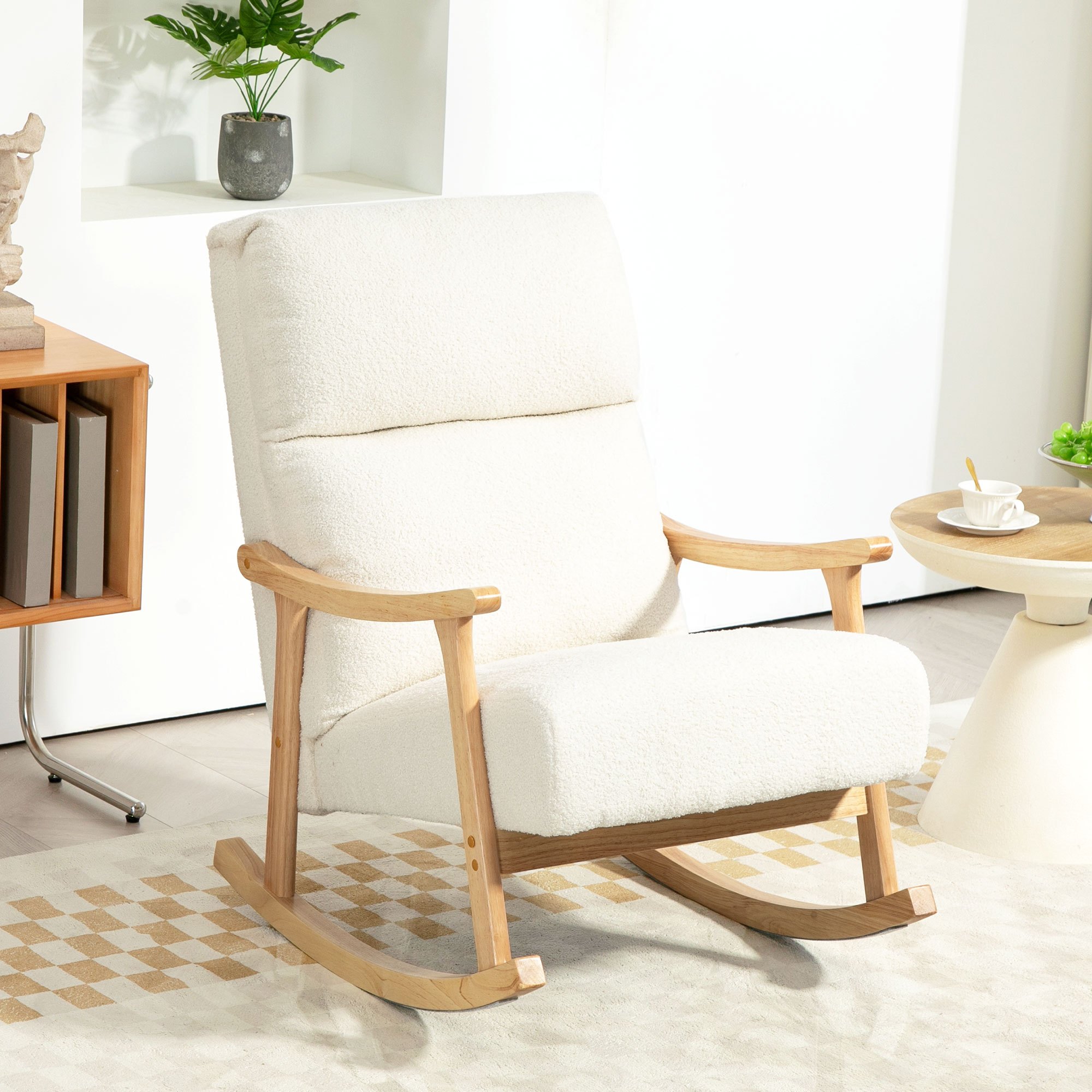 Image of Rocking Chair, Rocking Armchair With Backrest, Wooden Sled Base, Recliner, Relaxation Chair With Teddy Velvet Look, Swivel Chair, Relaxation Chair For Living Room, Bedroom, Balcony, Cream White