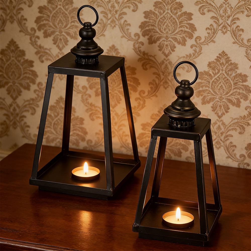 TEMU Metal Candle Holder Lanterns For Candles Garden Lanterns, 2pcs Vintage Style Hanging Small And Large Lanterns For Tealight Candle, Black Candle