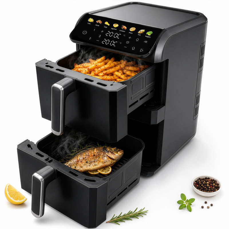 Image of Modern Dual Air Fryer, Oil-free, With 2 Independent Baskets, Windows, And Lighting, Ten-liter Capacity, Touch Panel, Black, Adler